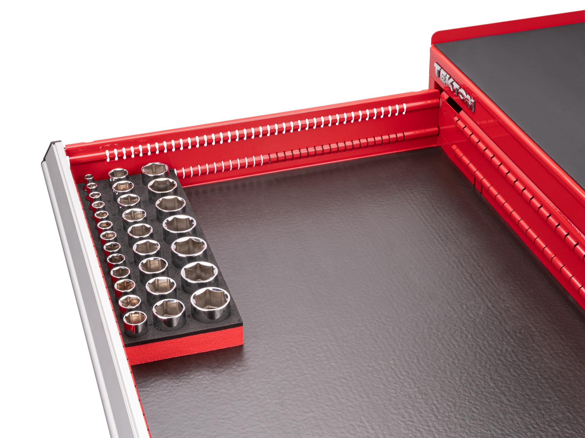 Front angled view of Tekton foam hand drive 6-point socket set in a tool cabinet drawer. Item #SHD92801