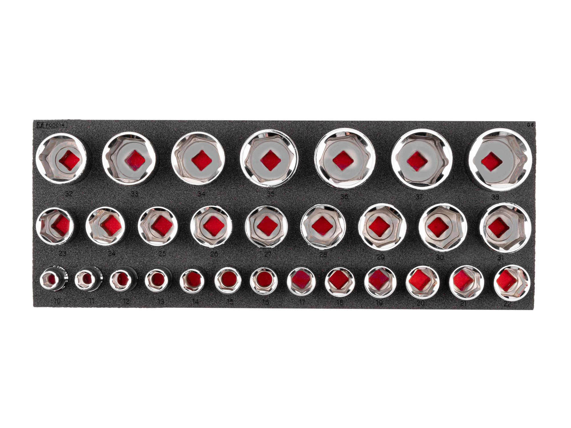 TEKTON 1/2 Inch Drive Shallow 6-Point Socket Set with 16 x 6 Inch Foam Organizer, 29-Piece (10 - 38 mm)