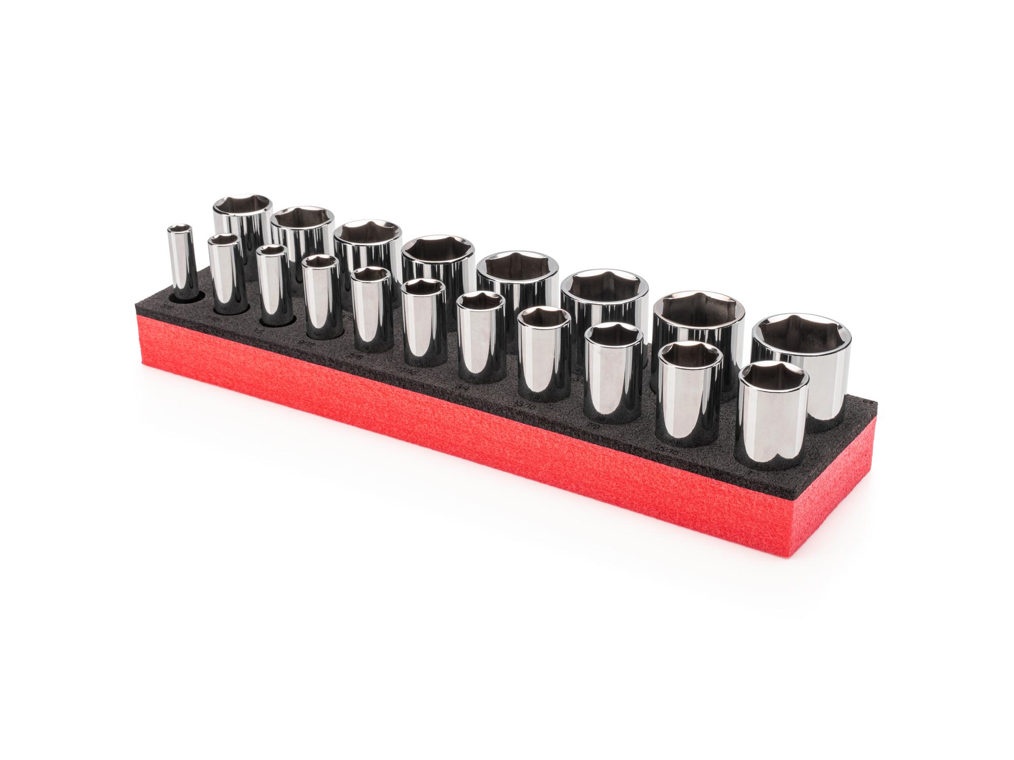 Front-right angle view of Tekton foam hand drive 6-point socket set. Item #SHD92802