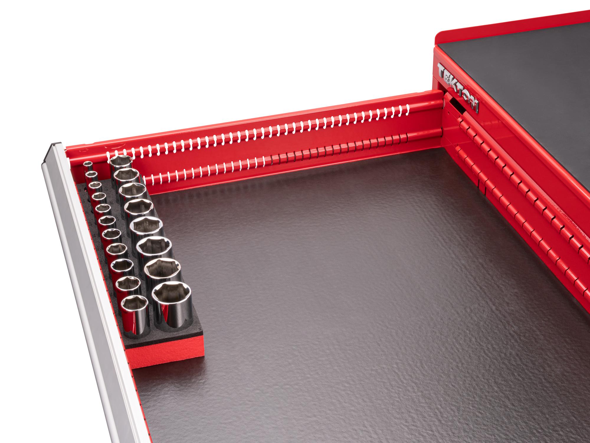 Front angled view of Tekton foam hand drive 6-point socket set in a tool cabinet drawer. Item #SHD92802