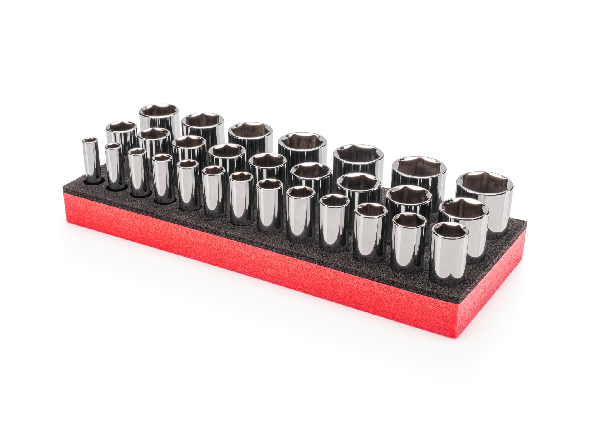 Front-right angle view of Tekton foam hand drive 6-point socket set. Item #SHD92803