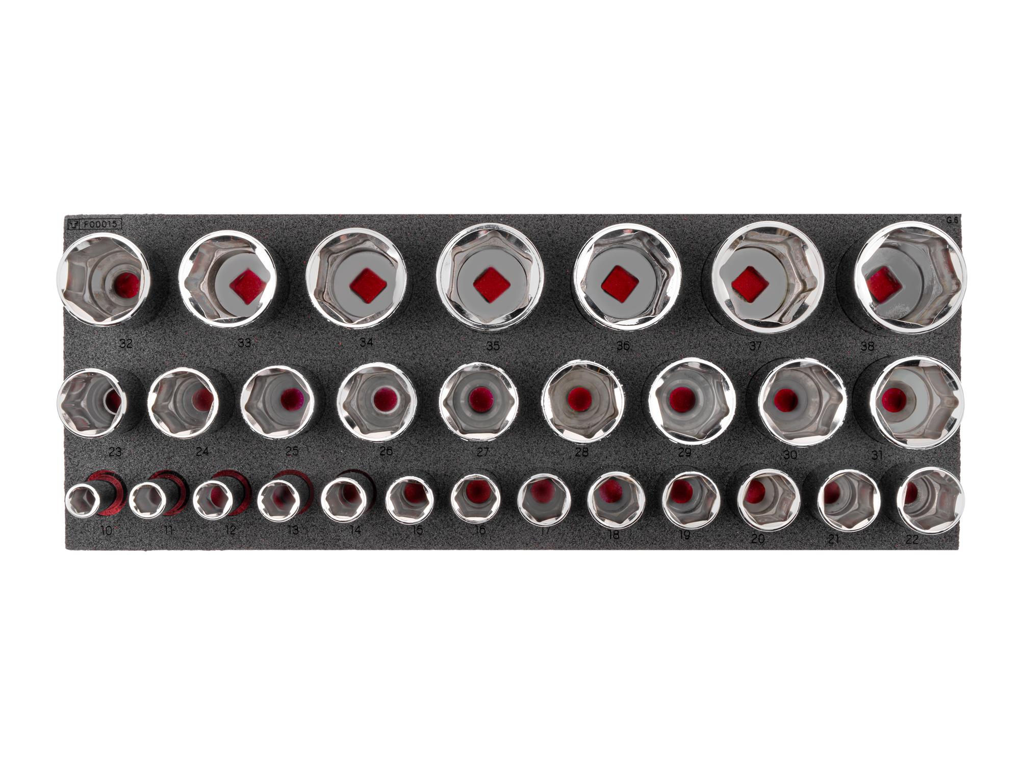 TEKTON 1/2 Inch Drive Deep 6-Point Socket Set with 16 x 6 Inch Foam Organizer, 29-Piece (10 - 38 mm)
