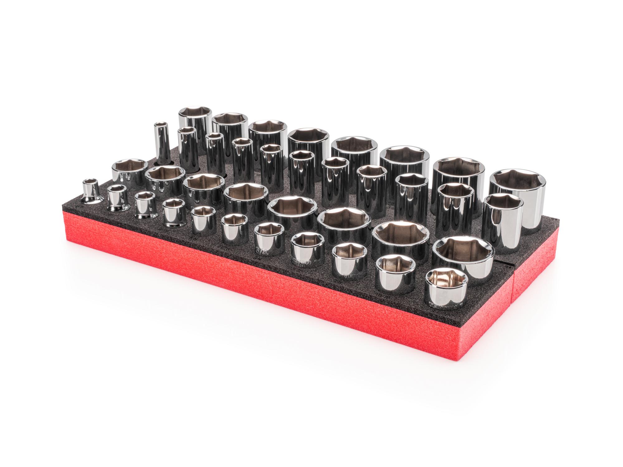 Front-right angle view of Tekton foam hand drive 6-point socket set. Item #SHD92808