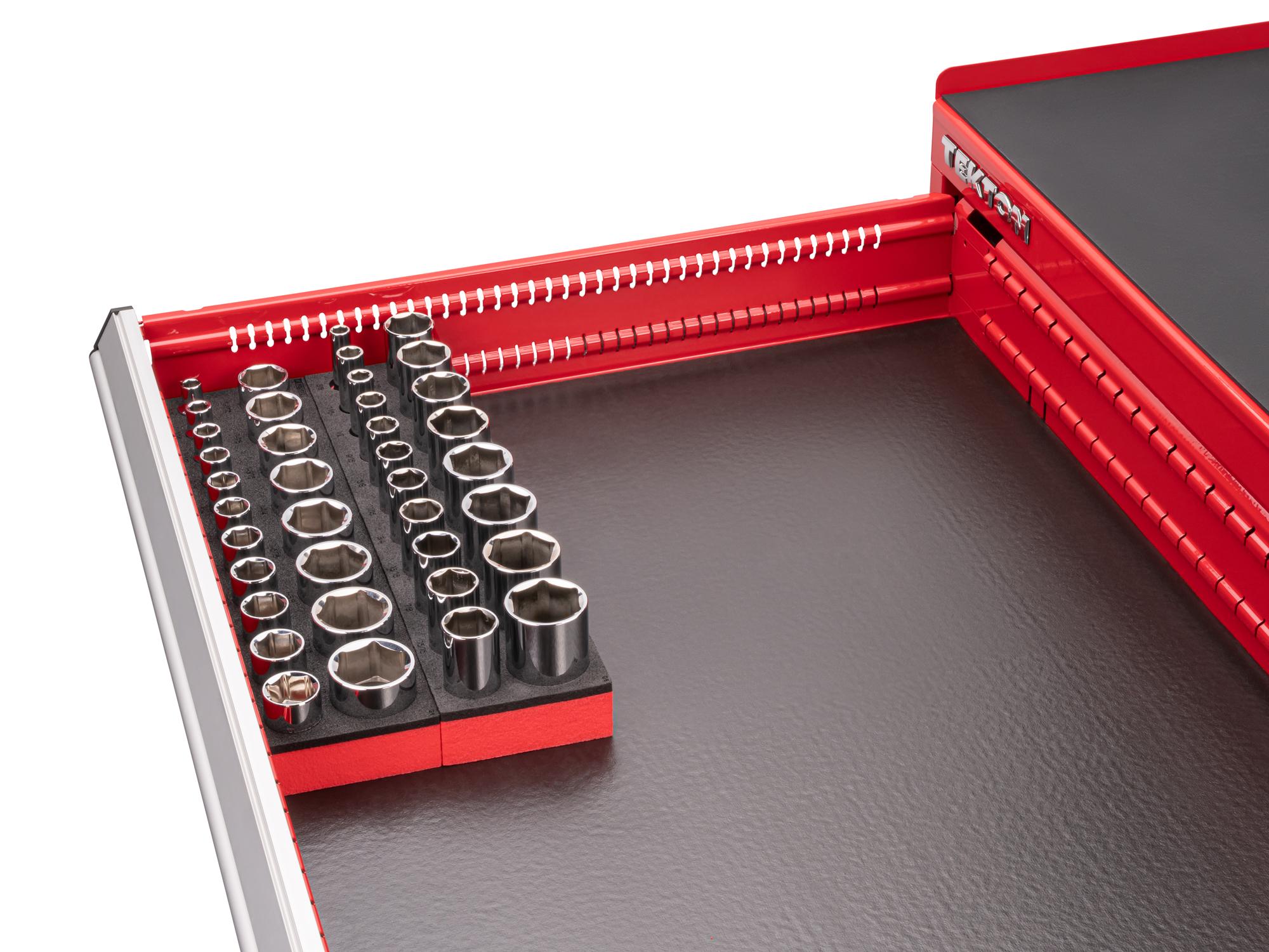 Front angled view of Tekton foam hand drive 6-point socket set in a tool cabinet drawer. Item #SHD92808