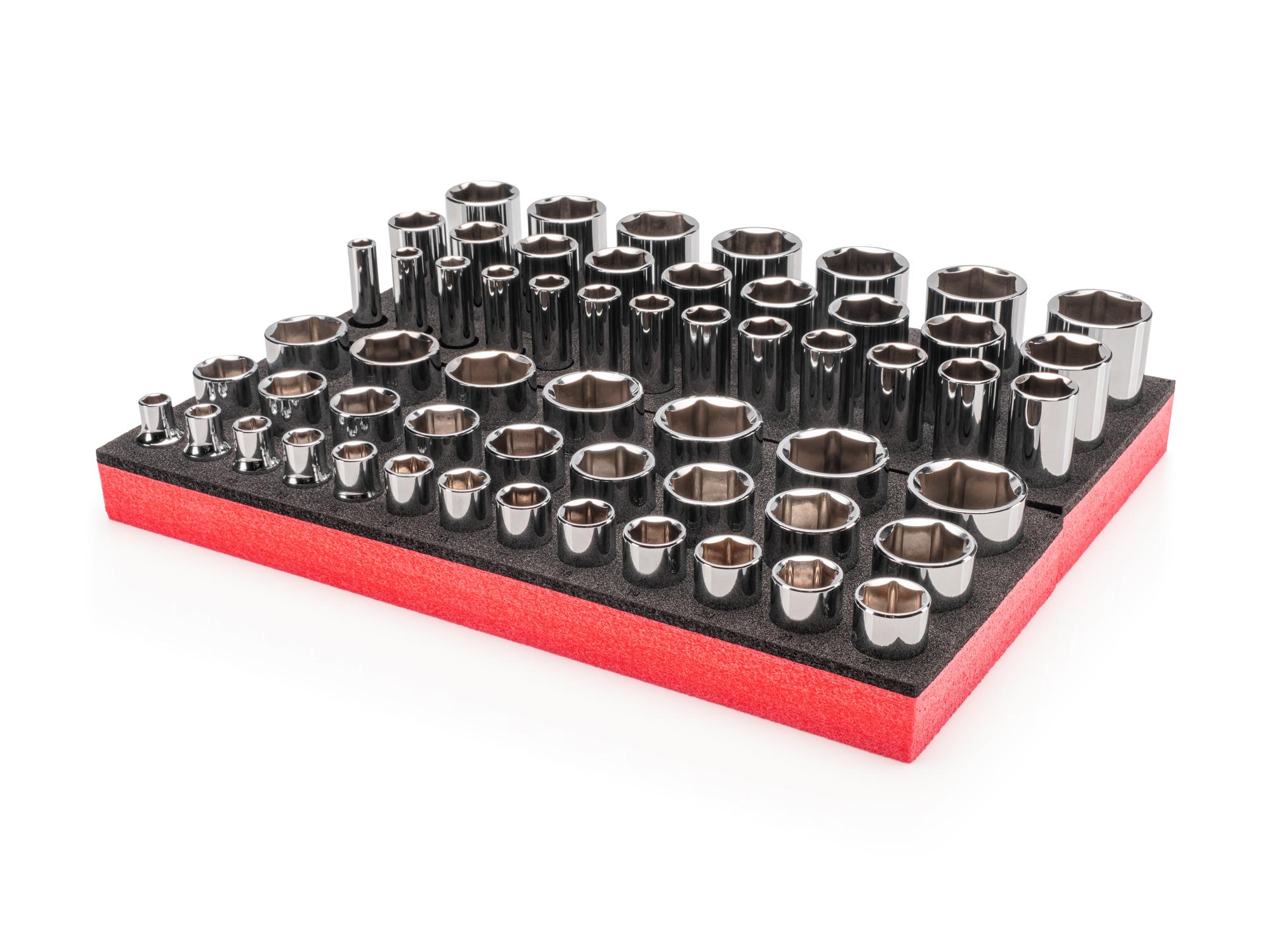 Front-right angle view of Tekton foam hand drive 6-point socket set. Item #SHD92809
