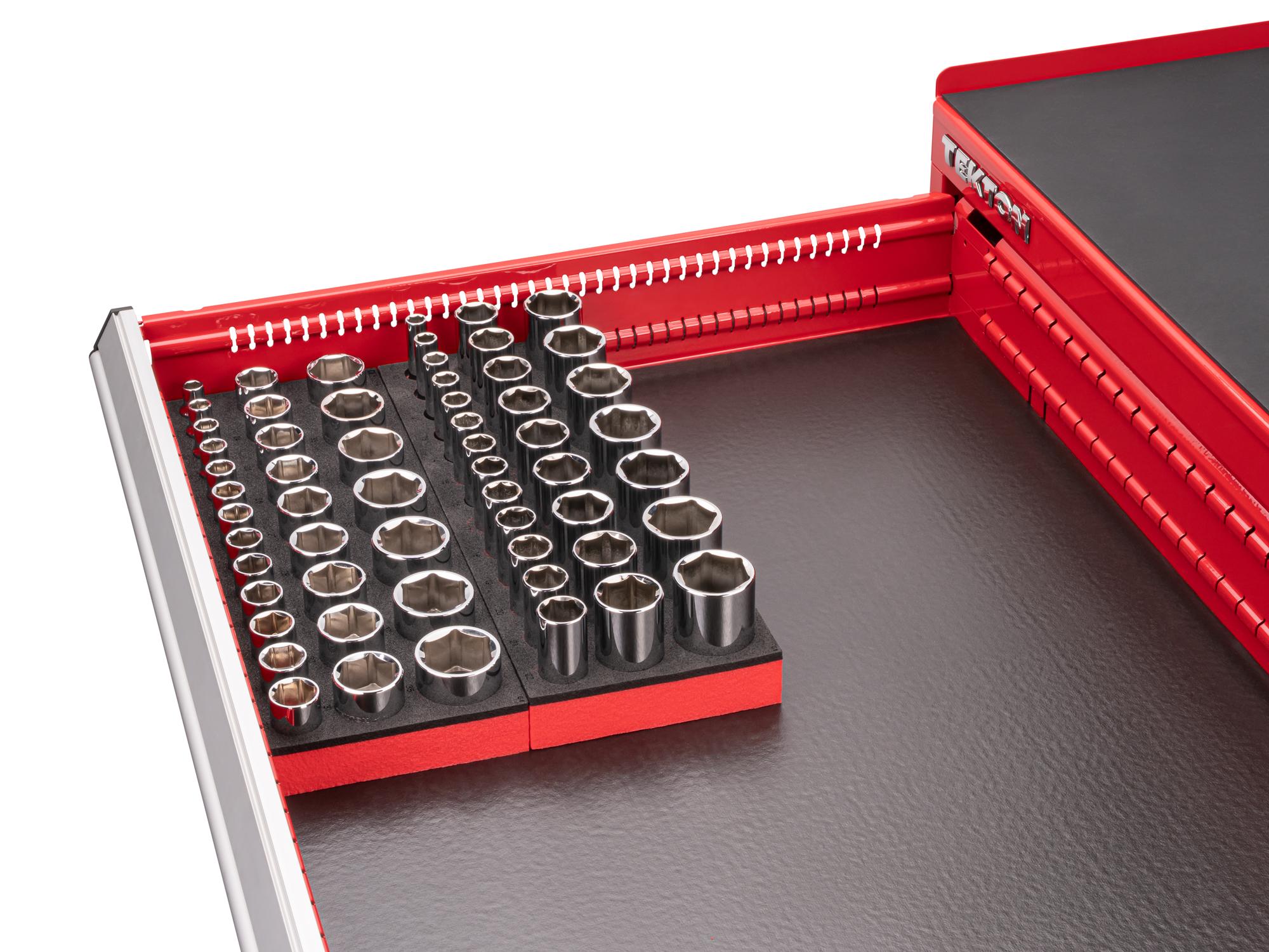 Front angled view of Tekton foam hand drive 6-point socket set in a tool cabinet drawer. Item #SHD92809