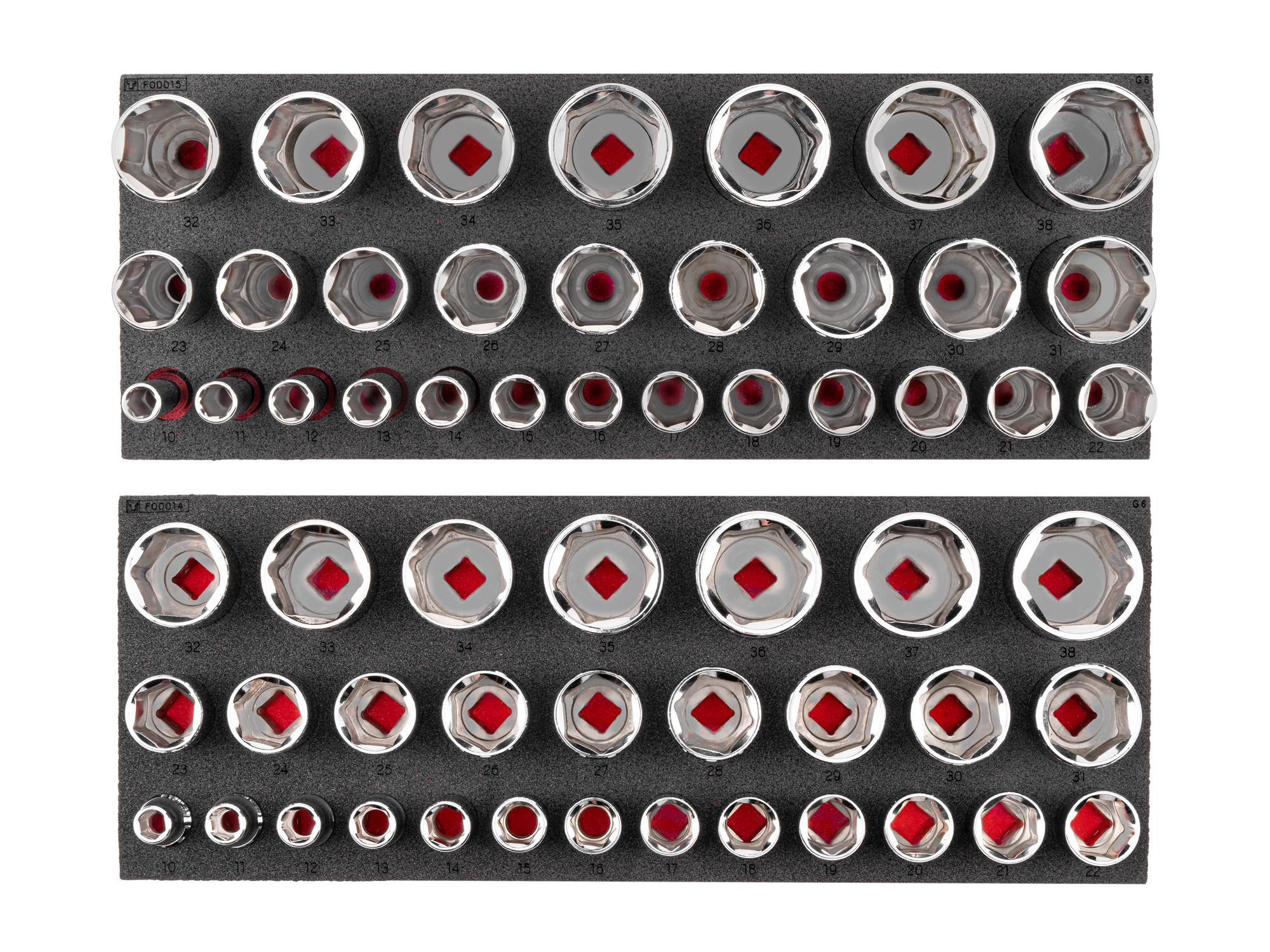 TEKTON 1/2 Inch Drive Shallow and Deep 6-Point Socket Set with 16 x 6 Inch Foam Organizers, 58-Piece (10 - 38 mm)