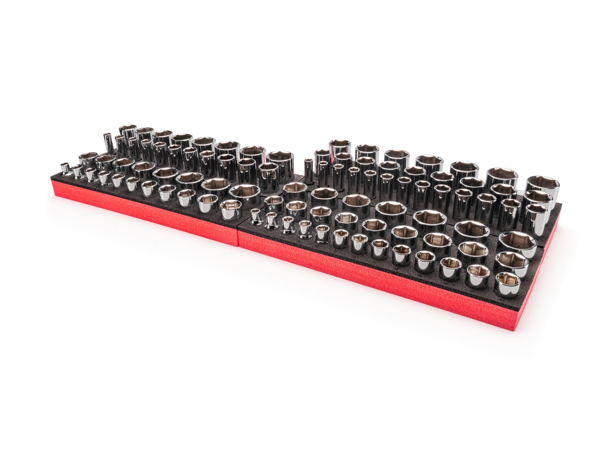 Front-right angle view of Tekton foam hand drive 6-point socket set. Item #SHD92812