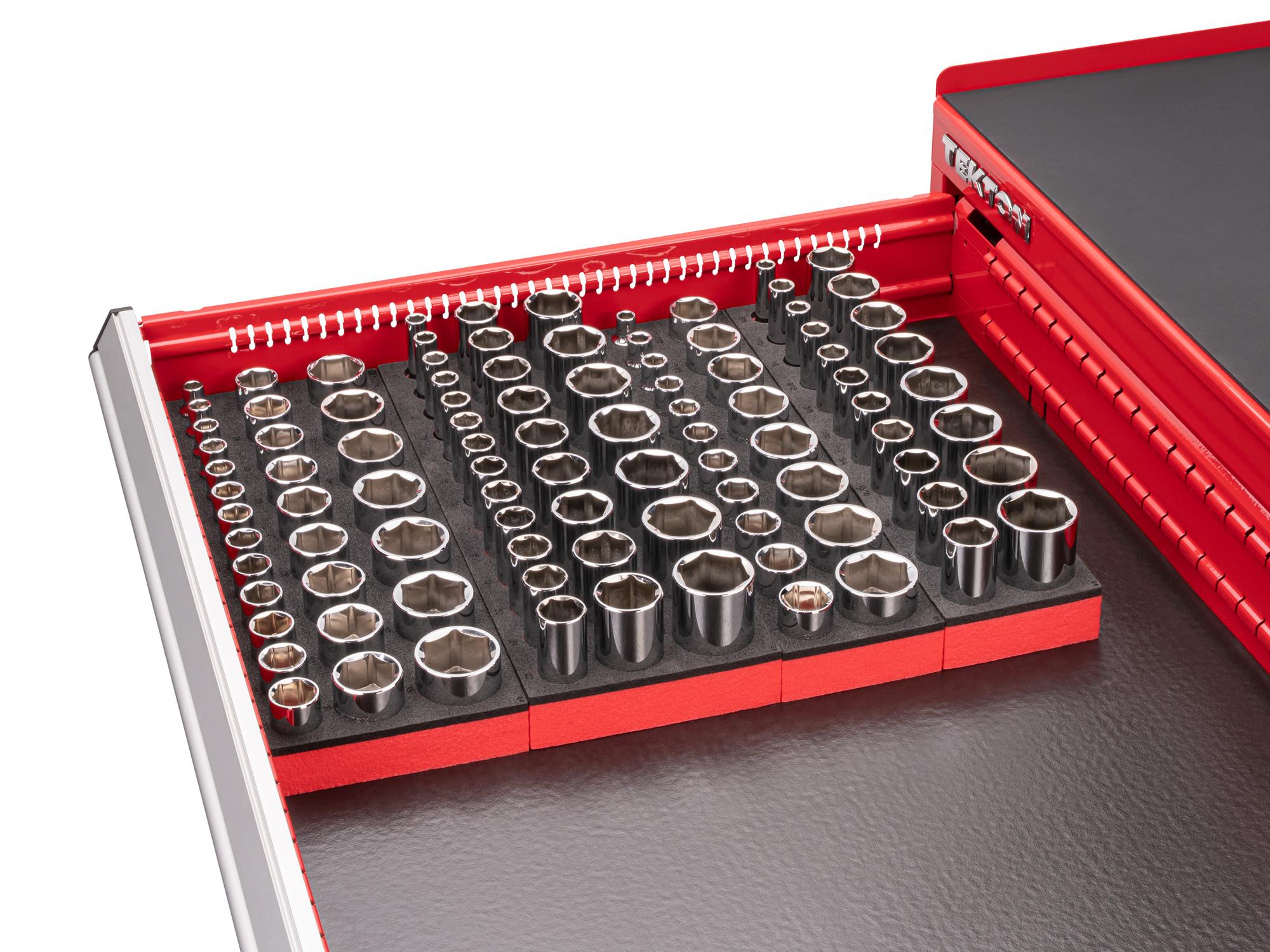 Front angled view of Tekton foam hand drive 6-point socket set in a tool cabinet drawer. Item #SHD92812