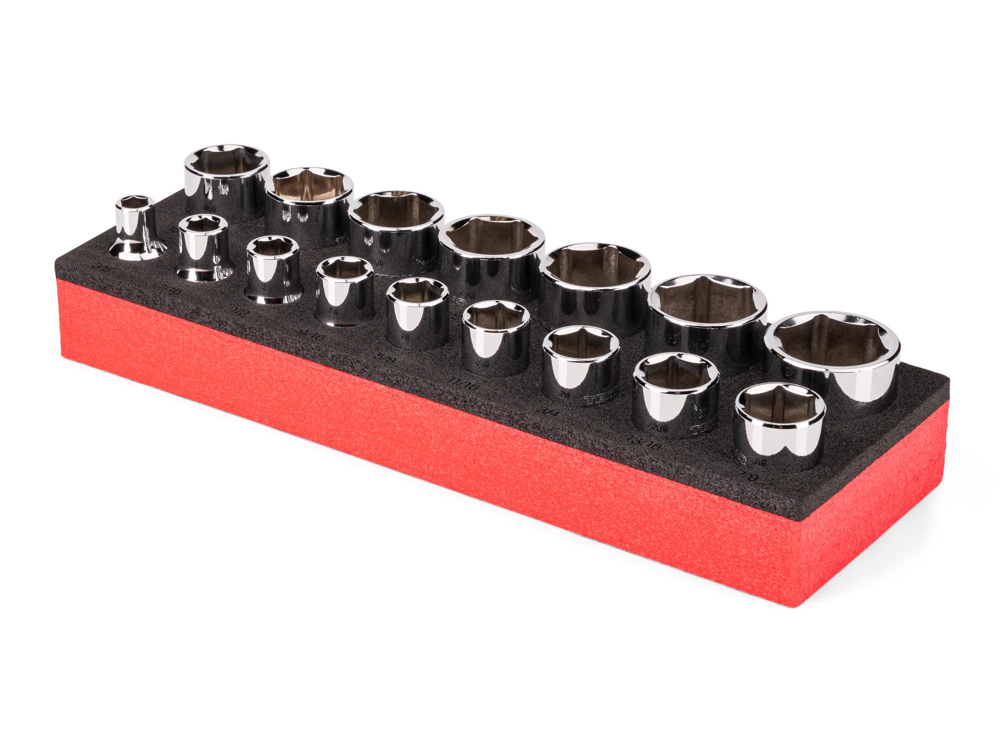 Angled view of red Tekton 1/2 inch drive shallow 6-point socket set with 12 x 4 inch foam organizer. SHD92814