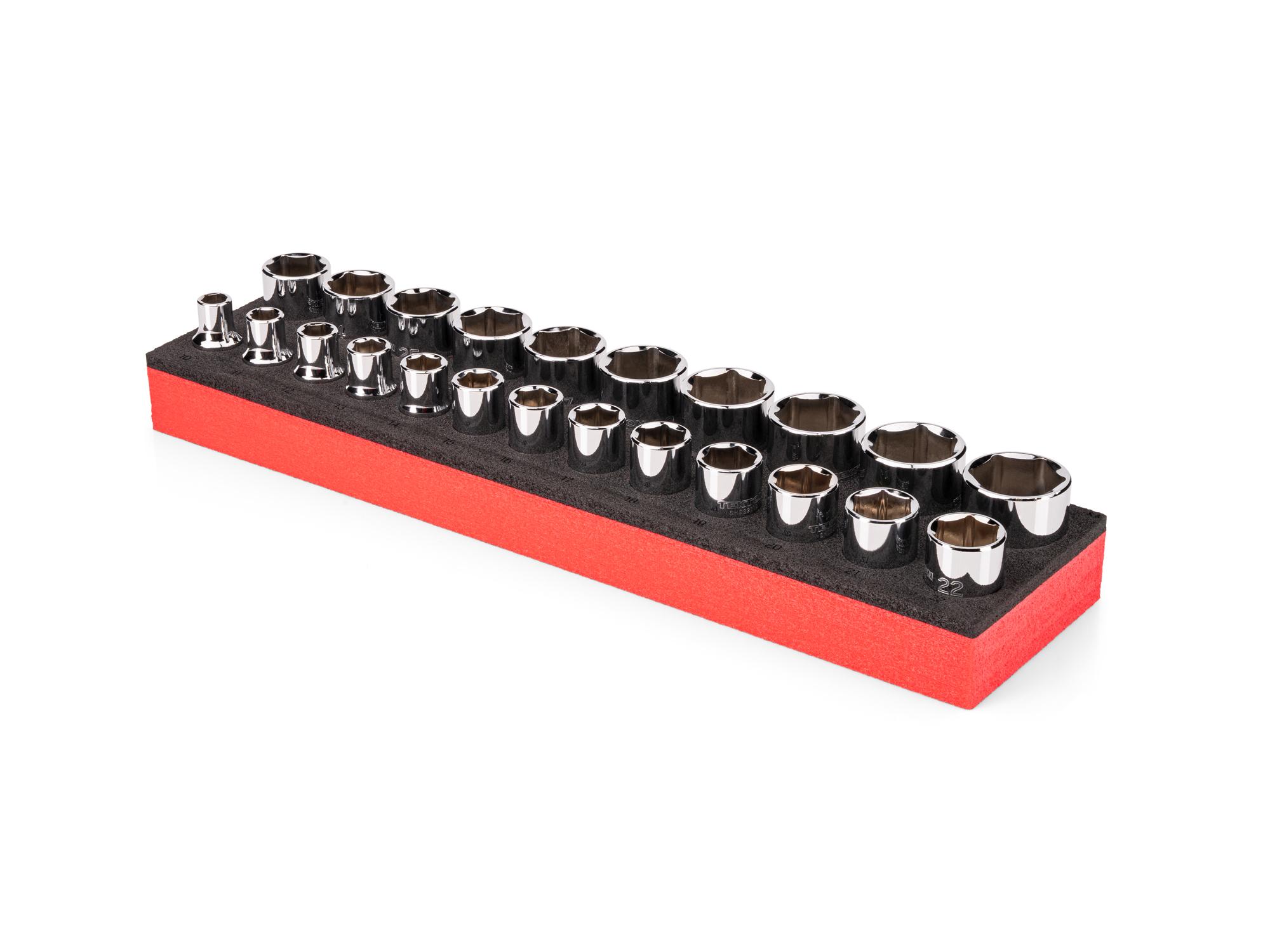 Angled view of red Tekton 1/2 inch drive shallow 6-point socket set with 16 x 4 inch foam organizer. SHD92815