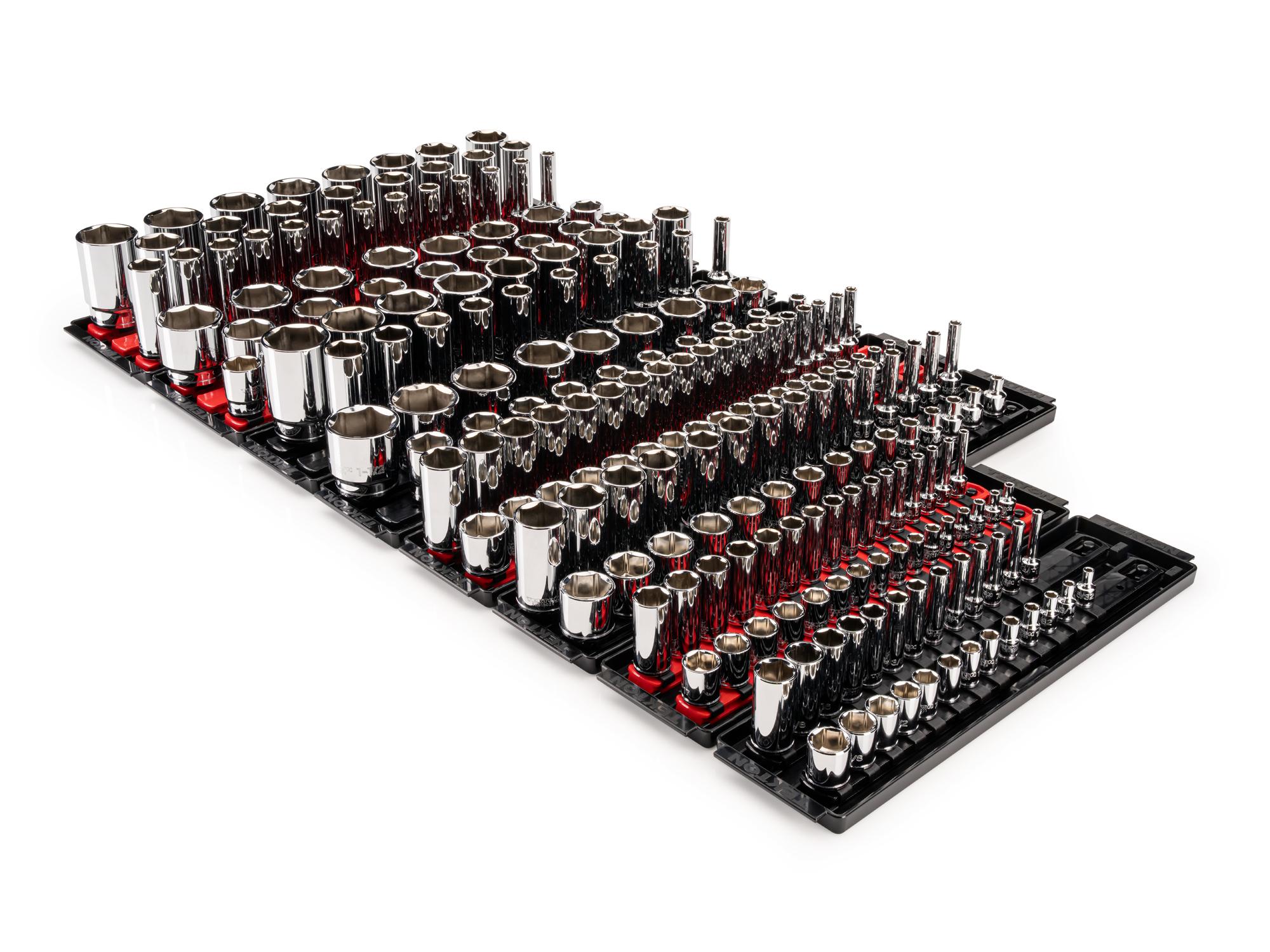 TEKTON 1/4, 3/8, 1/2 Inch Drive Shallow and Deep 6-Point Socket Set with Rails and Trays, 222-Piece (5/32 - 1-1/2 in., 4 - 38 mm)