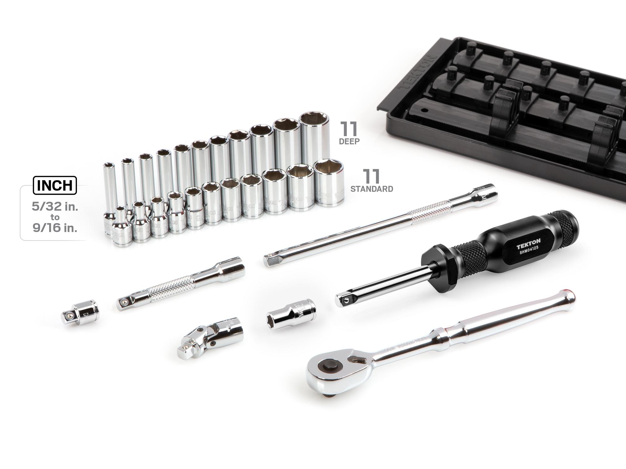 Laid out contents of Tekton rail and tray hand drive 6-point socket set. Item #SKT03101