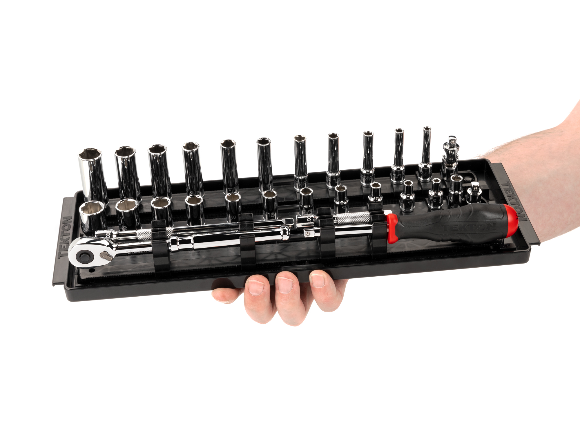 Set includes 5/32–9/16 inch (SAE) 6-point standard and deep sockets, 90-tooth ratchet, spinner handle, universal joint, magnetic hex bit holder, extensions, and organization rails and tray. No skipped sizes. SKT03101.