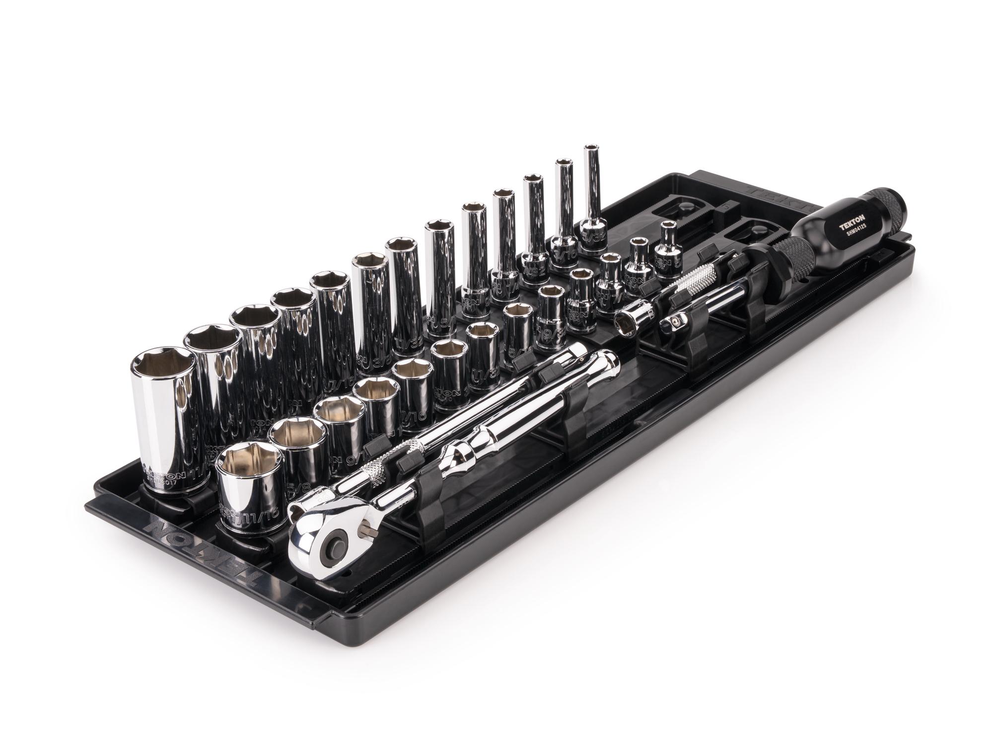 TEKTON 1/4 Inch Drive Shallow and Deep 6-Point Socket and Ratchet Set with Rails and Tray, 33-Piece (5/32 - 11/16 in.)
