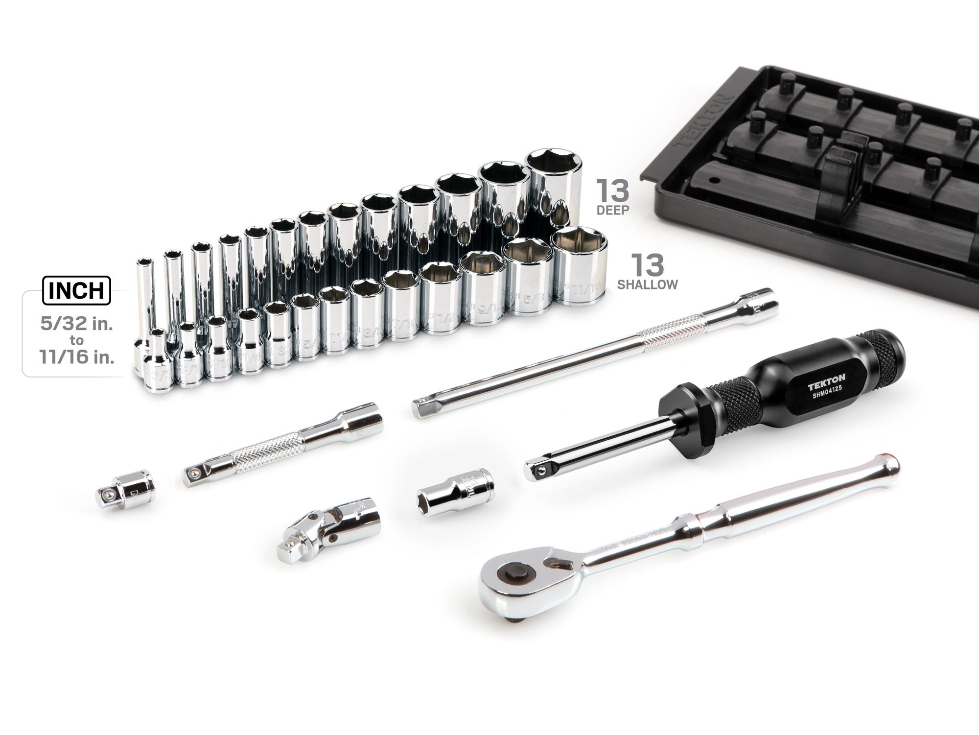 Laid out contents of Tekton rail hand drive 6-point socket set. Item #SKT03103