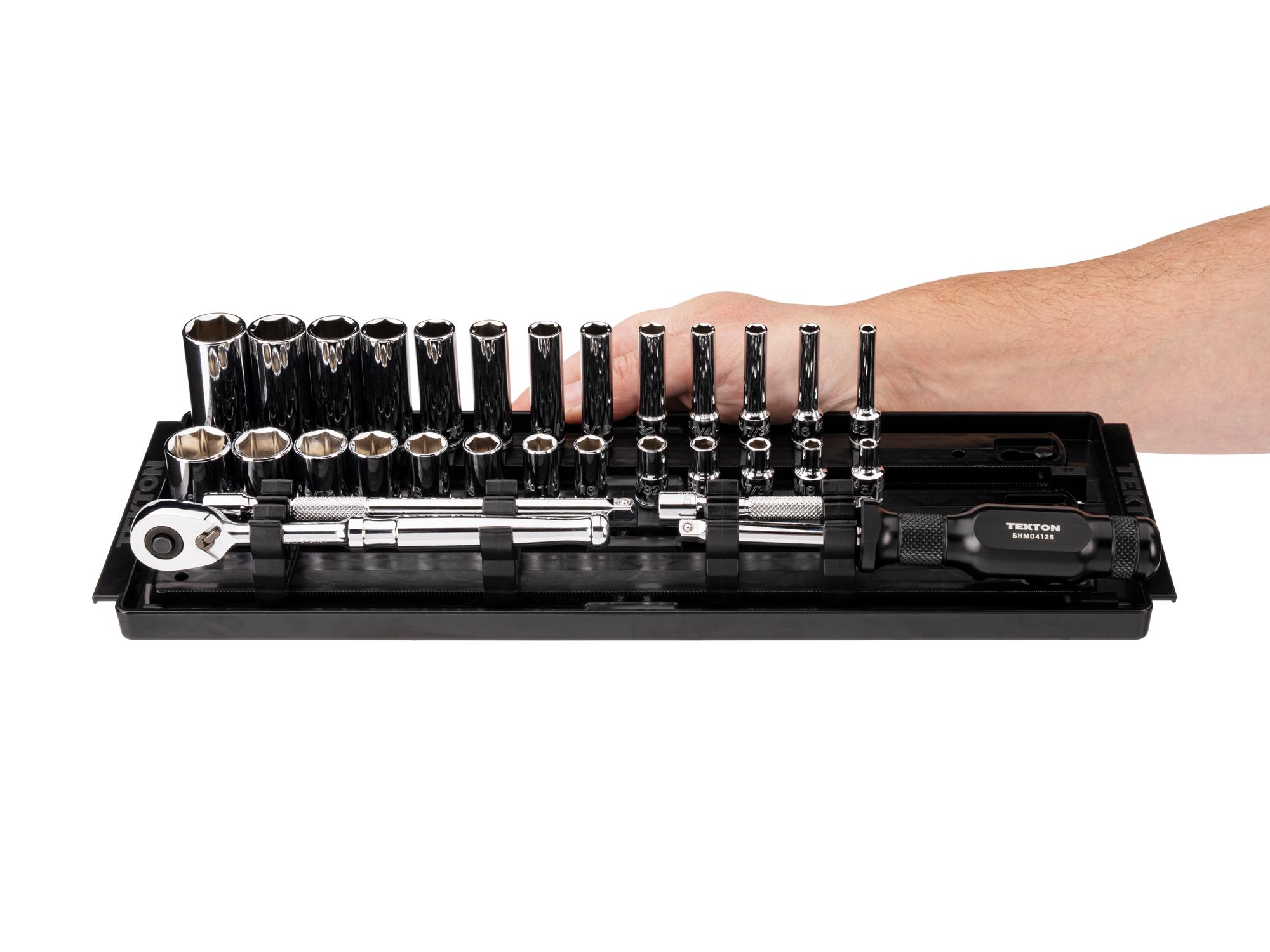 Person holding Tekton rail hand drive 6-point socket set. Item #SKT03103