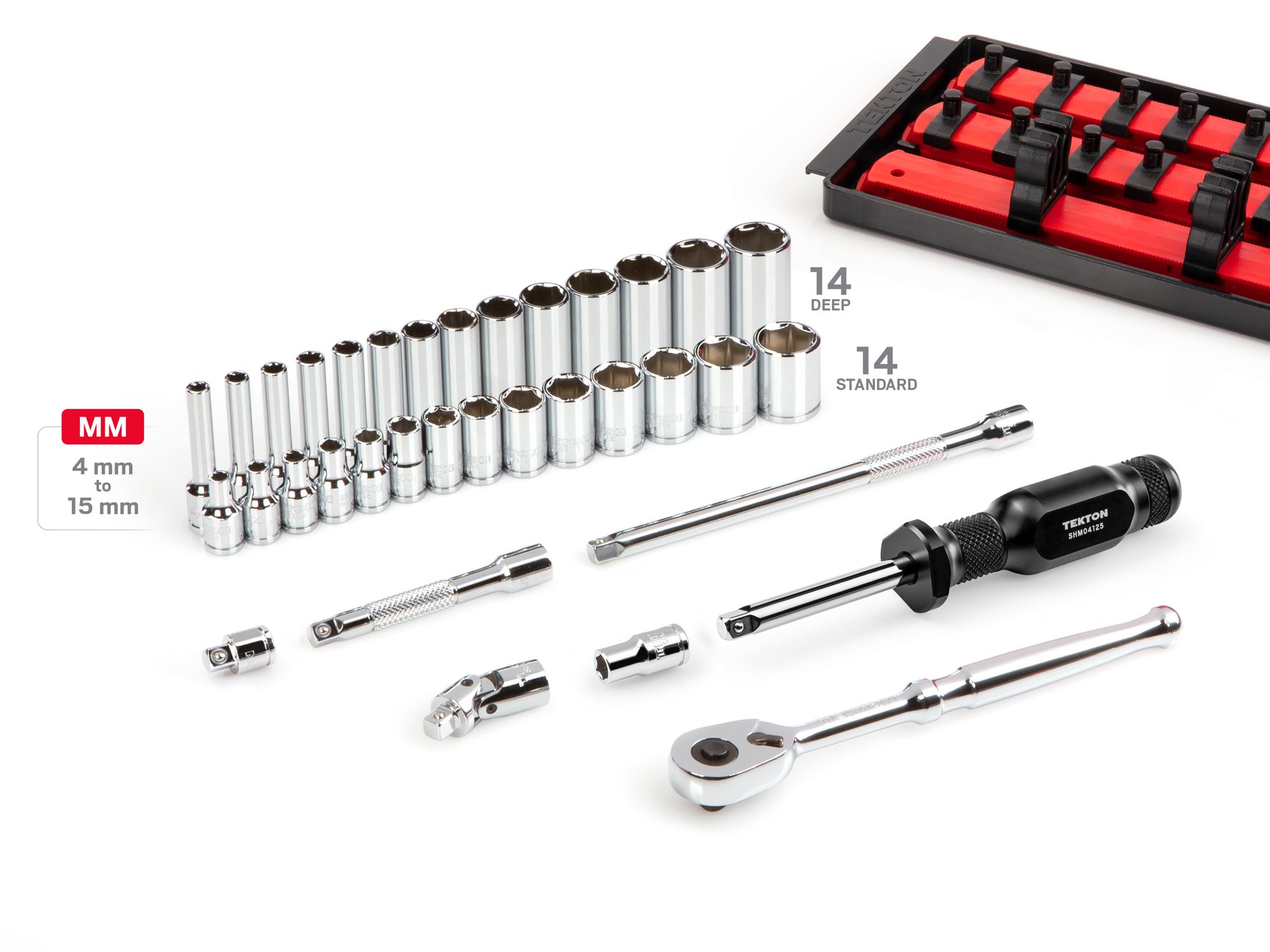 Laid out contents of Tekton rail and tray hand drive 6-point socket set. Item #SKT03201