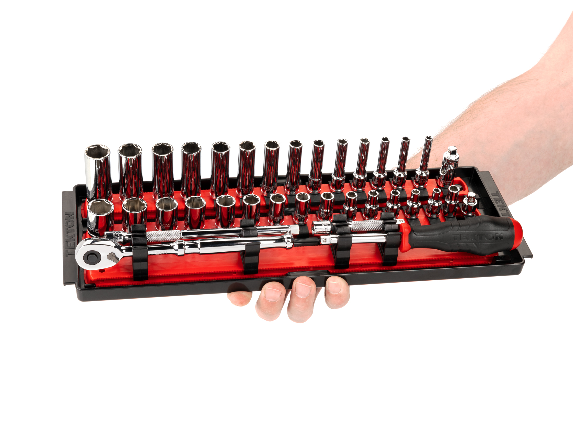 Set includes 4–15 mm (metric) 6-point standard and deep sockets, 90-tooth ratchet, spinner handle, universal joint, magnetic hex bit holder, extensions, and organization rails and tray. No skipped sizes. SKT03201.