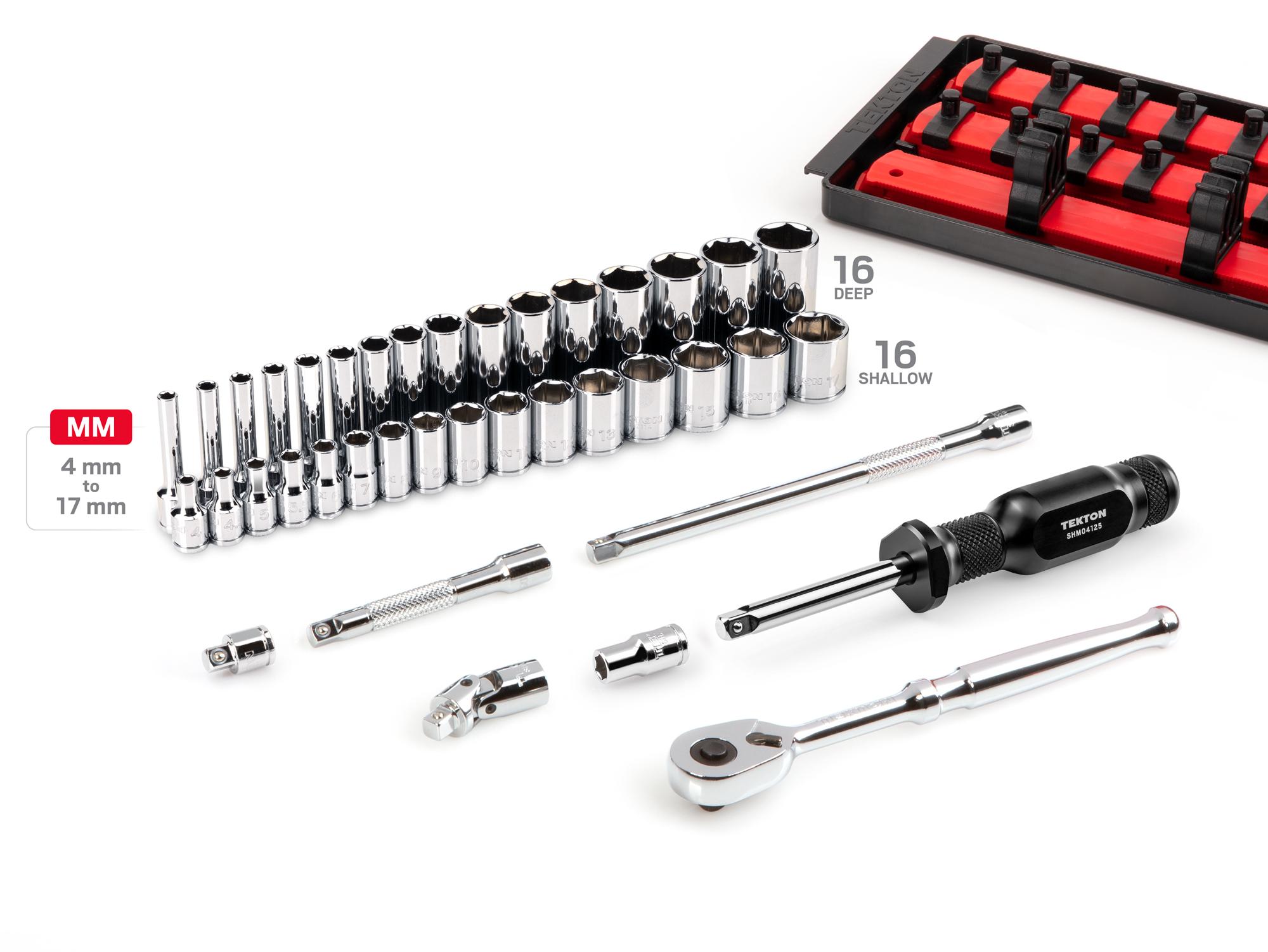 Laid out contents of Tekton rail hand drive 6-point socket set. Item #SKT03203
