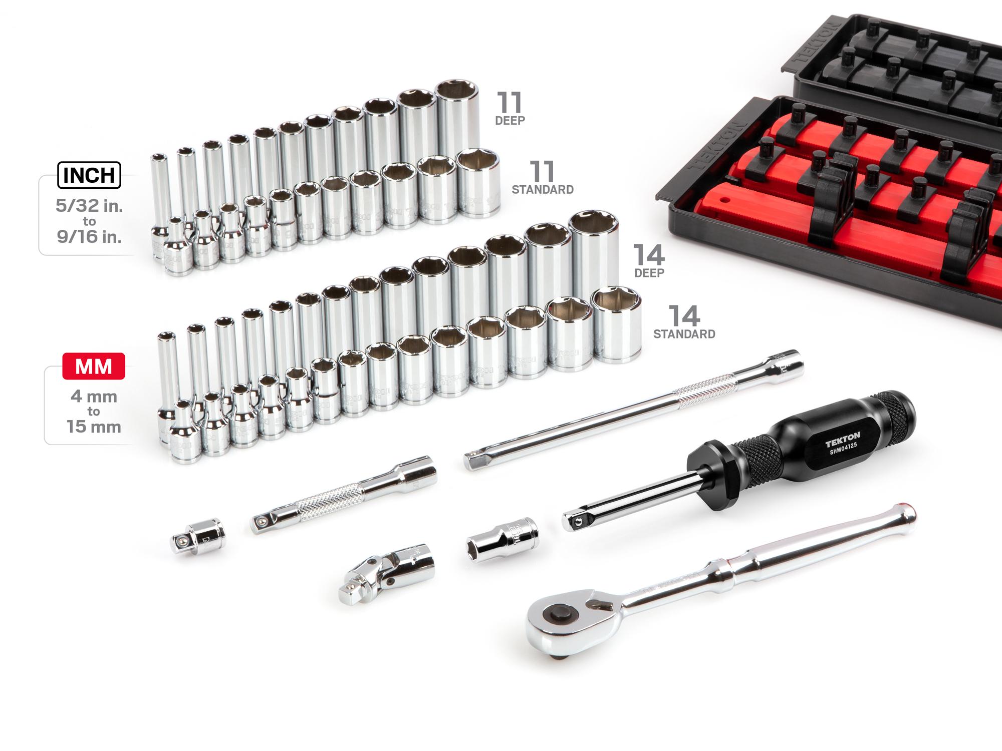 Laid out contents of Tekton rail hand drive 6-point socket set. Item #SKT03301