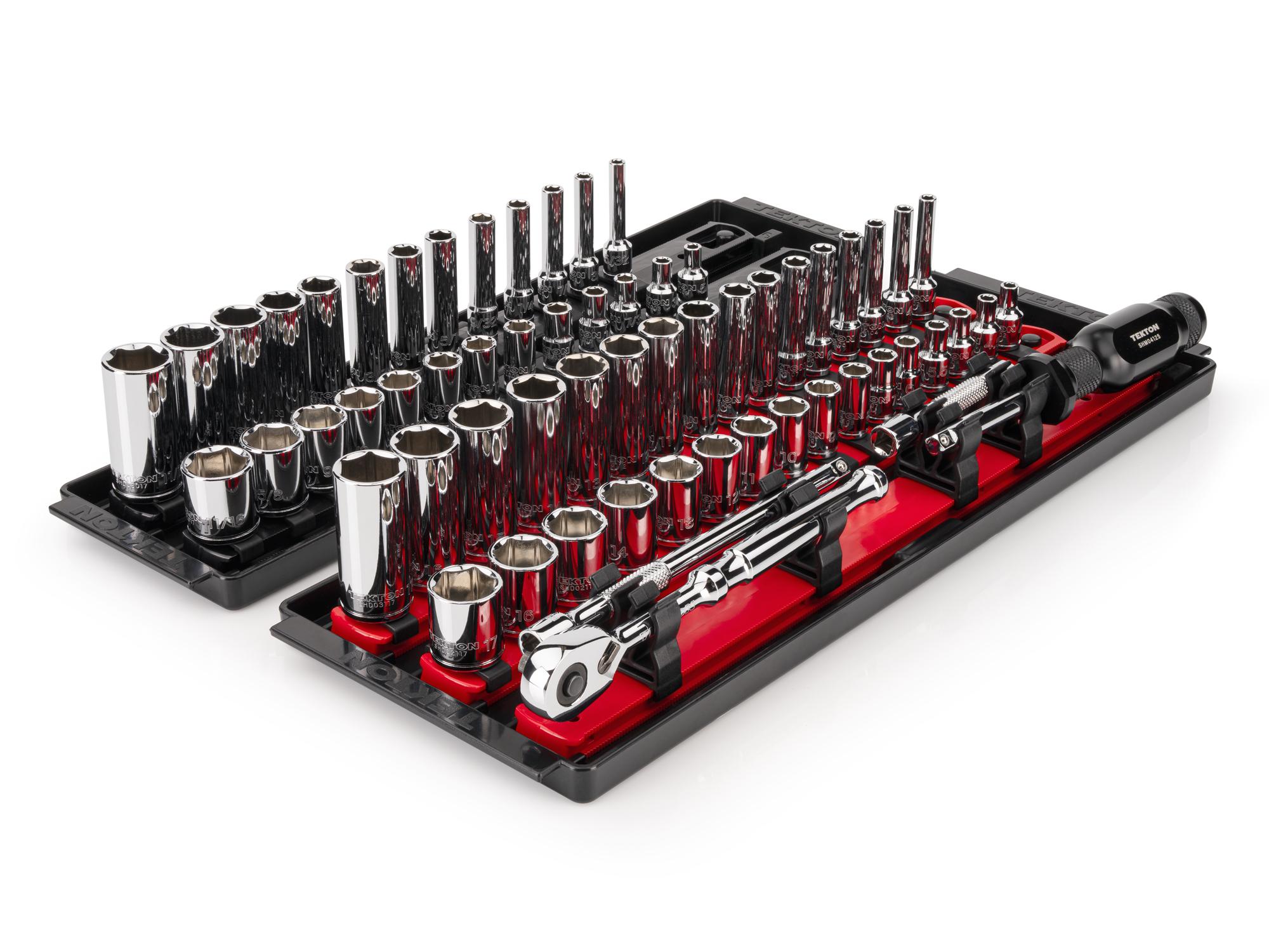 TEKTON 1/4 Inch Drive Shallow and Deep 6-Point Socket and Ratchet Set with Rails and Trays, 65-Piece (5/32 - 11/16 in., 4 - 17 mm)
