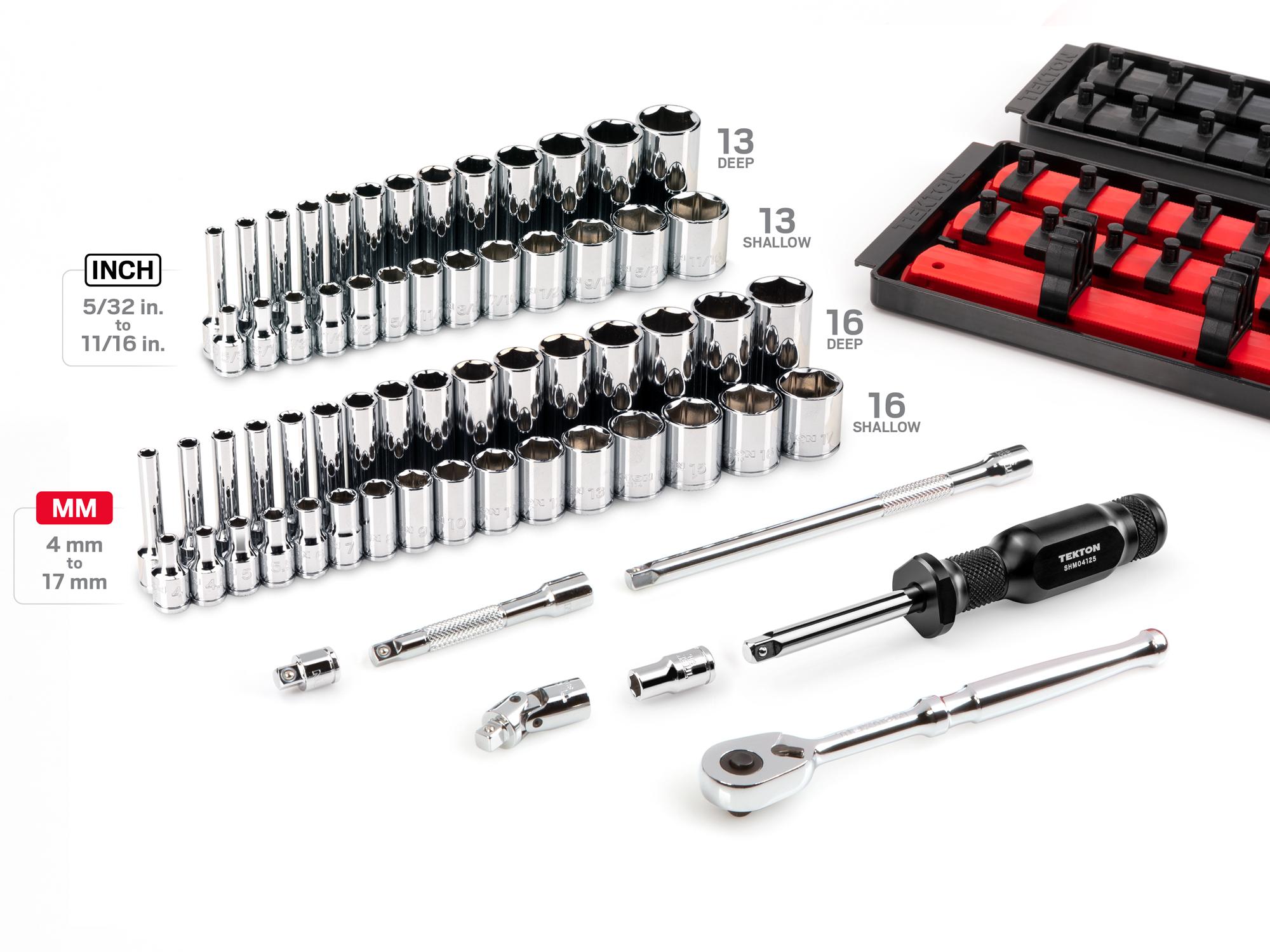 Laid out contents of Tekton rail hand drive 6-point socket set. Item #SKT03303