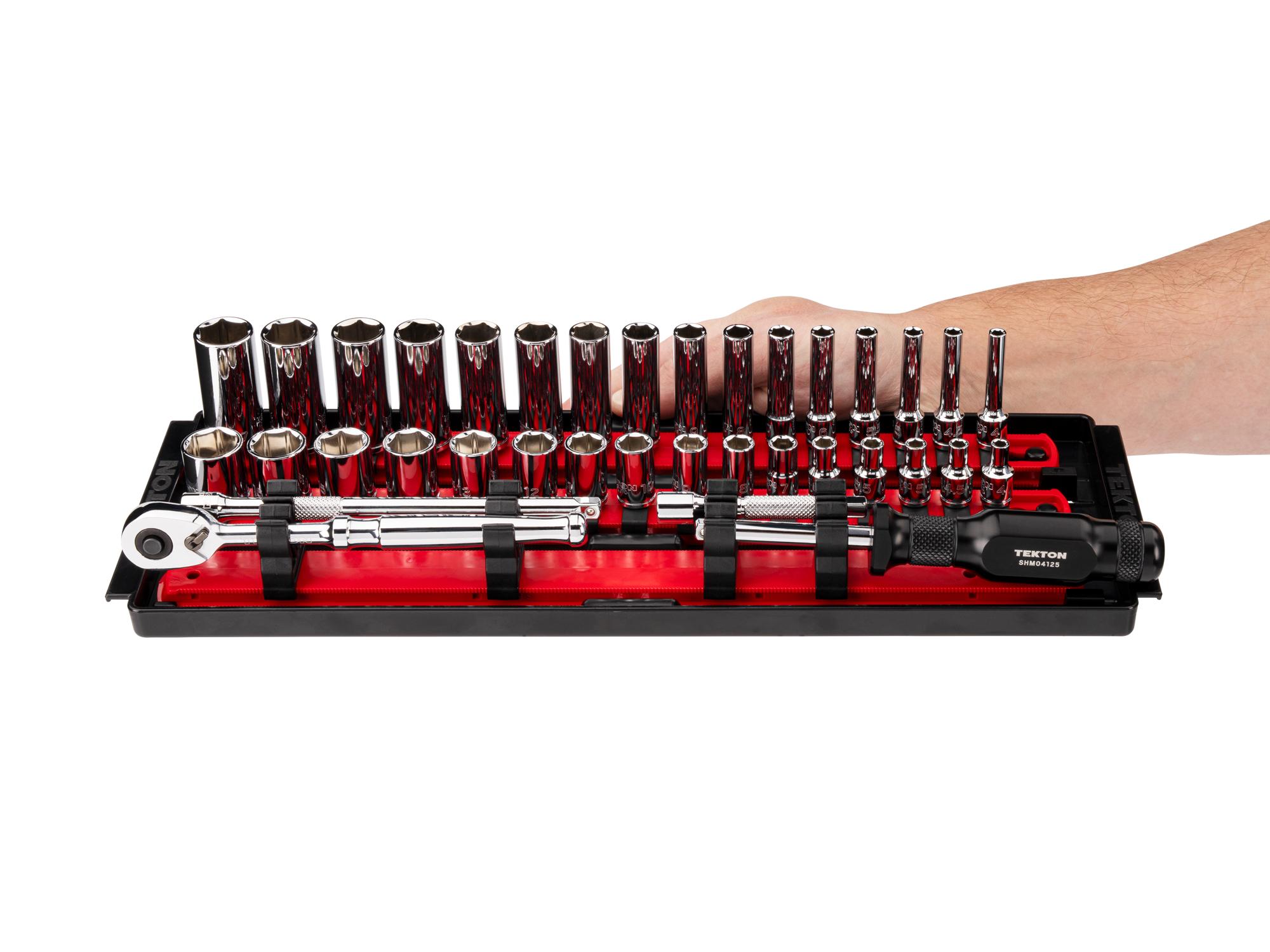 Person holding Tekton rail hand drive 6-point socket set. Item #SKT03203