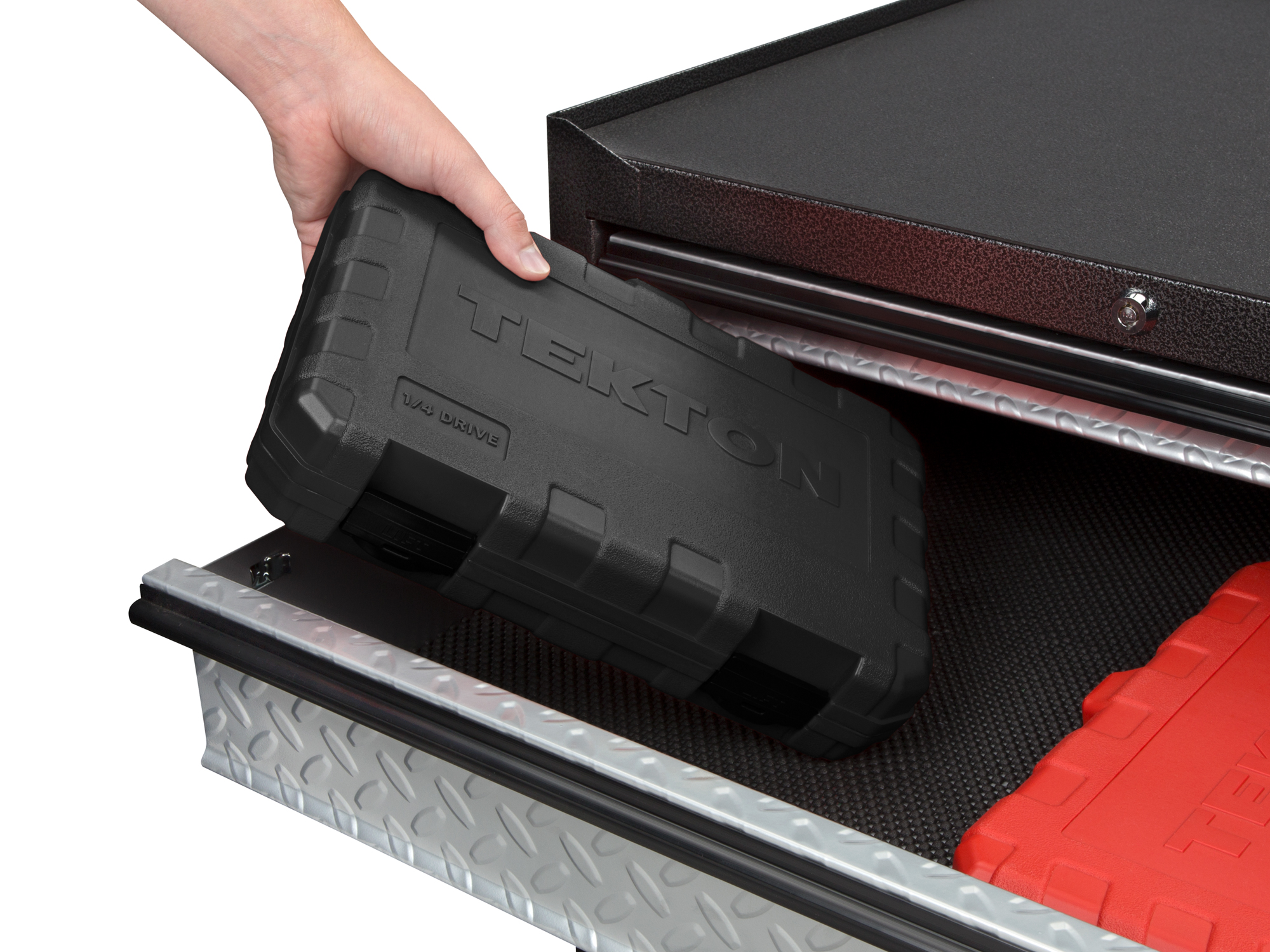 Front angled view of Tekton case hand drive 6-point socket set in a tool cabinet drawer. Item #SKT05101