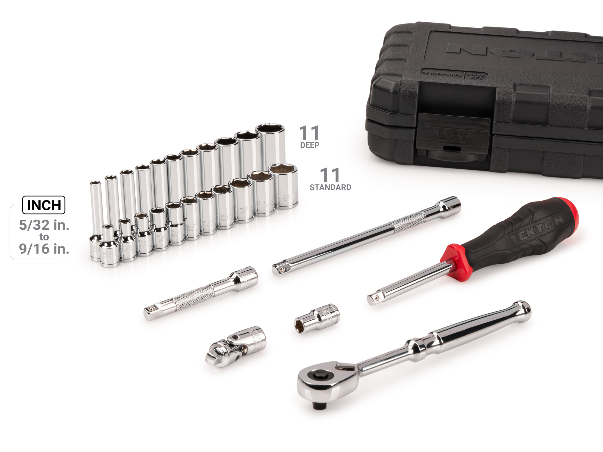 Includes: 5/32-9/16 inch (SAE) 6 point standard and deep sockets, ratchet, extensions, magnetic hex bit holder, universal joint, spinner handle, and storage case. No skipped sizes. SKT05102.