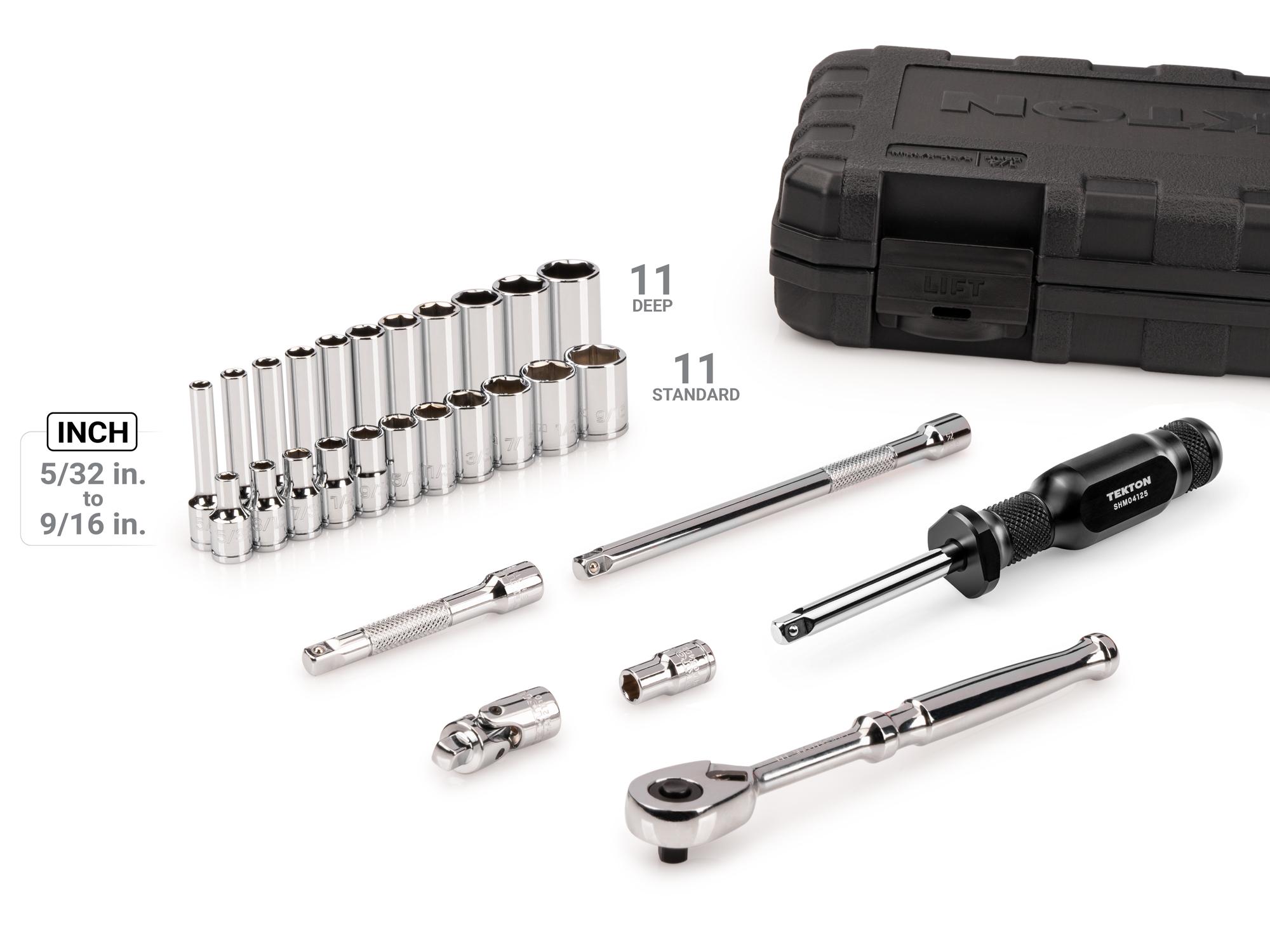 Laid out contents of Tekton case hand drive 6-point socket set. Item #SKT05102