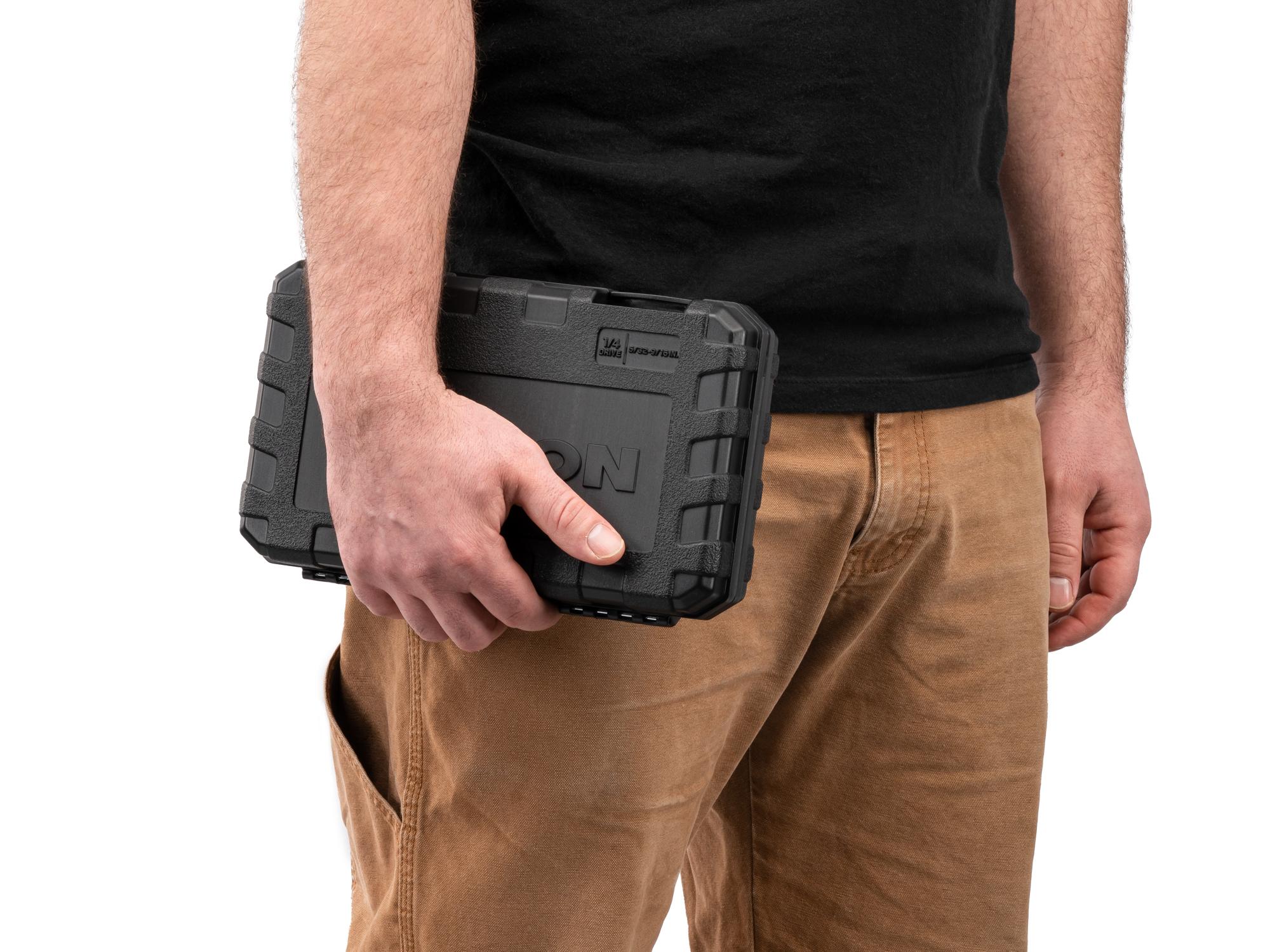 Person holding Tekton case hand drive 6-point socket set. Item #SKT05102