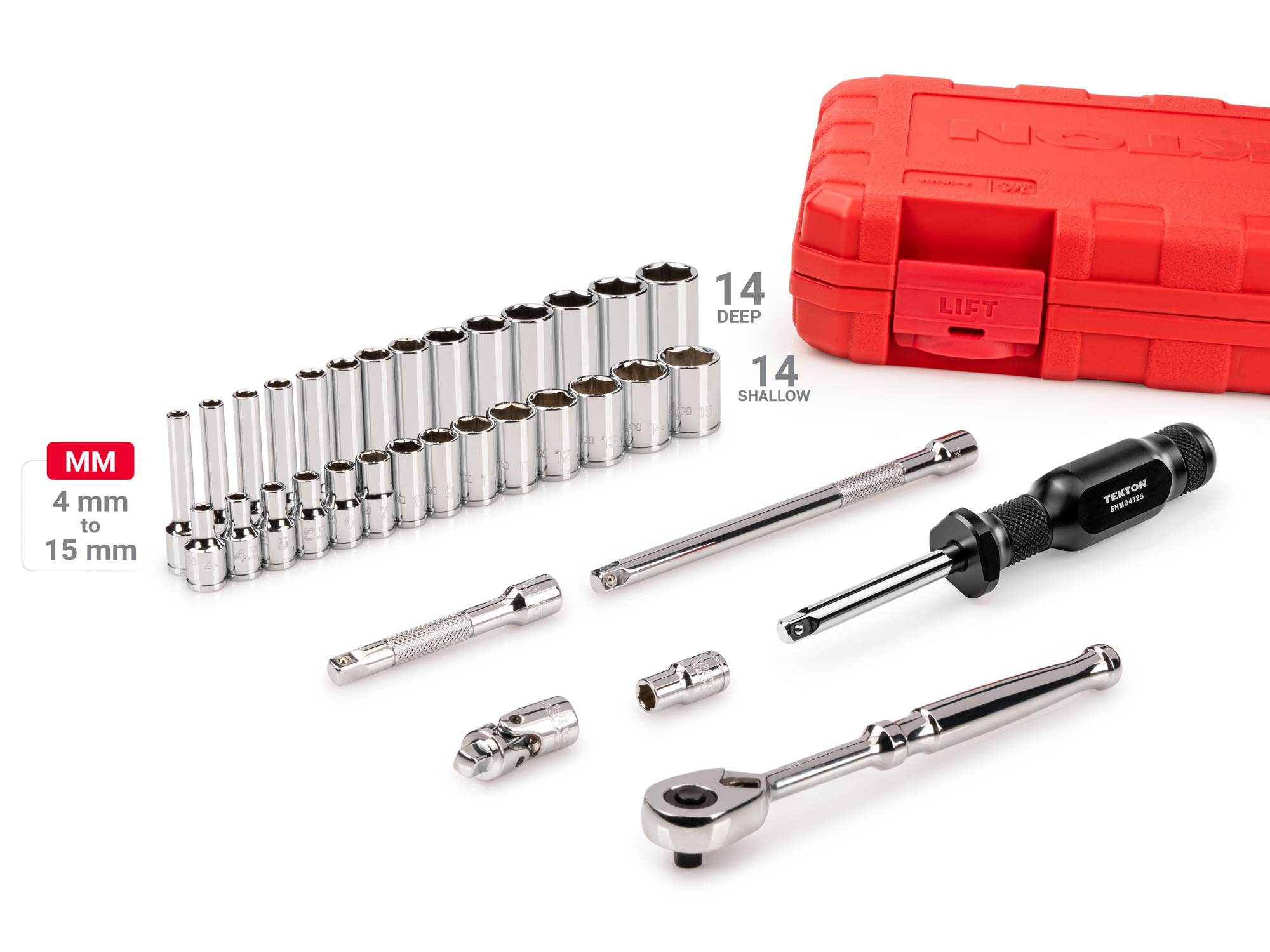 1/4 Inch Drive 6-Point Socket and Ratchet Set (4 - 15 mm) | TEKTON