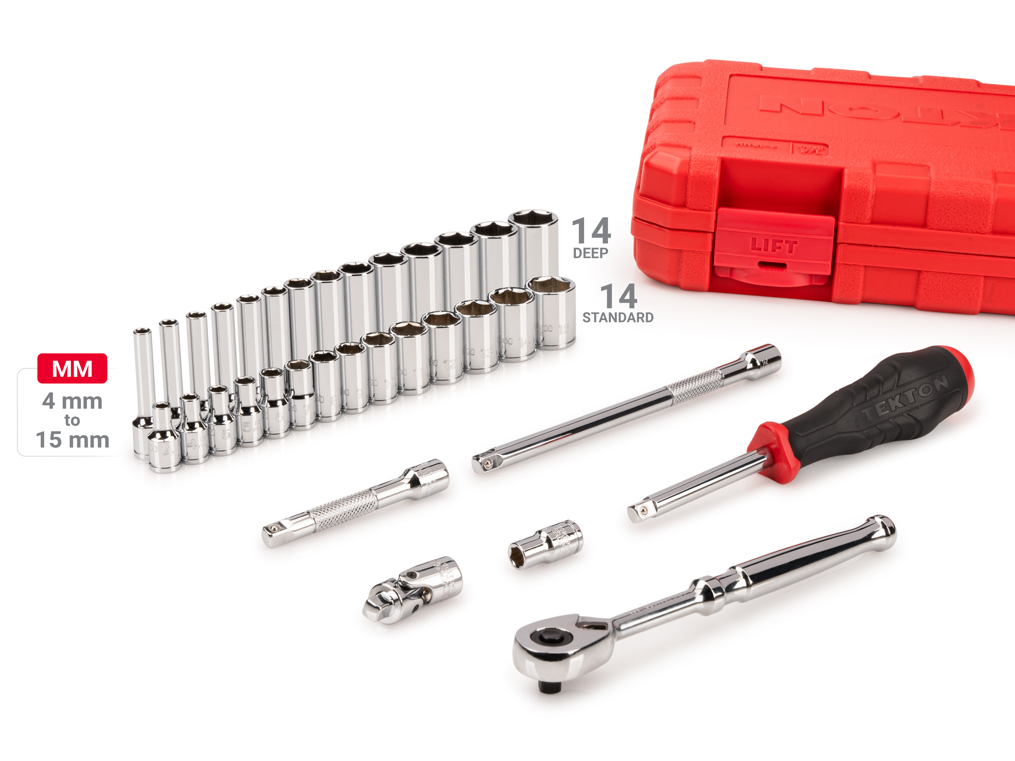 Includes: 4-15 mm (Metric) 6-point standard and deep sockets plus a ratchet, extensions, magnetic hex bit holder, universal joint, spinner handle, and storage case. No skipped sizes. SKT05202.