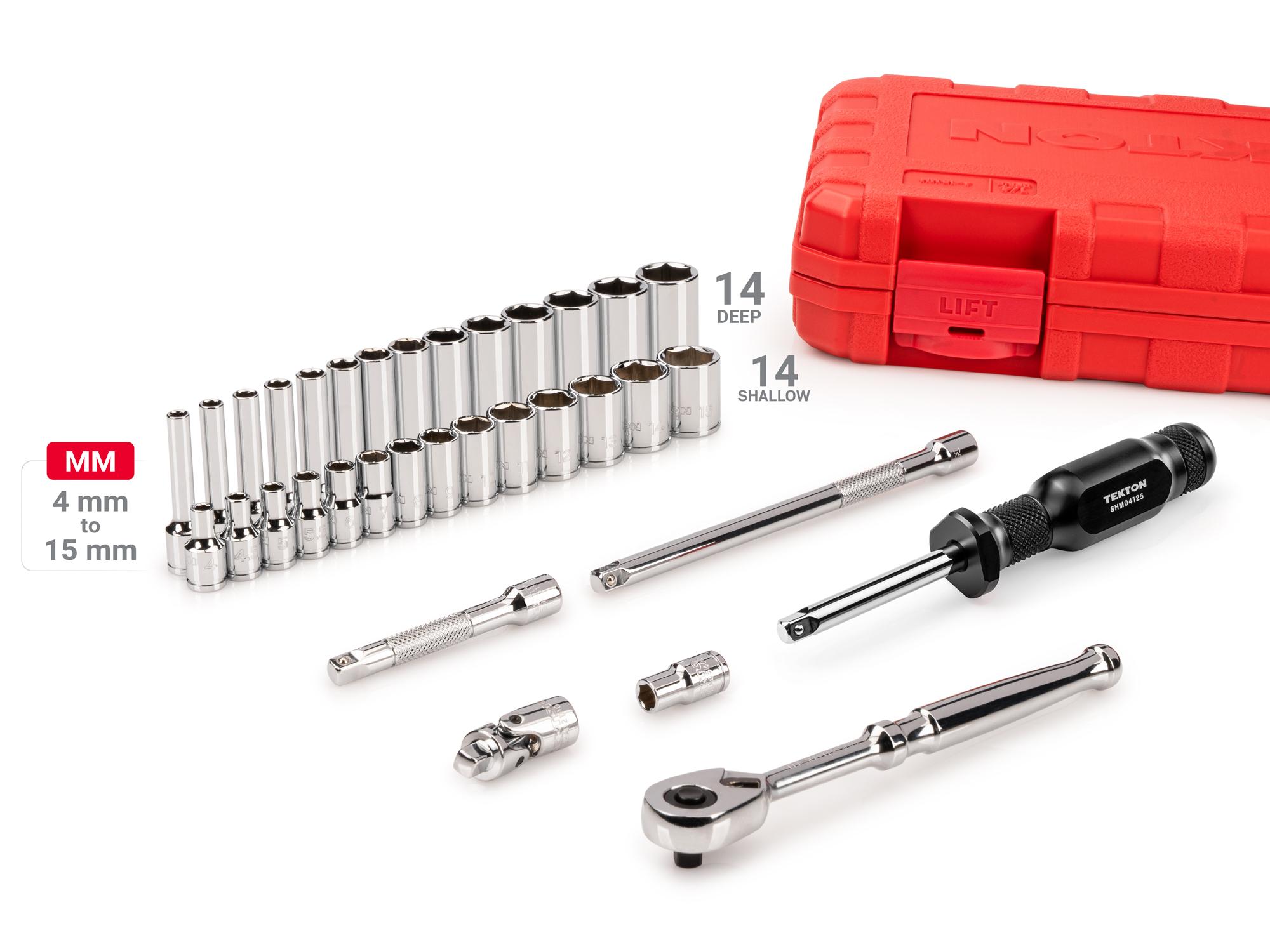 Laid out contents of Tekton case hand drive 6-point socket set. Item #SKT05202