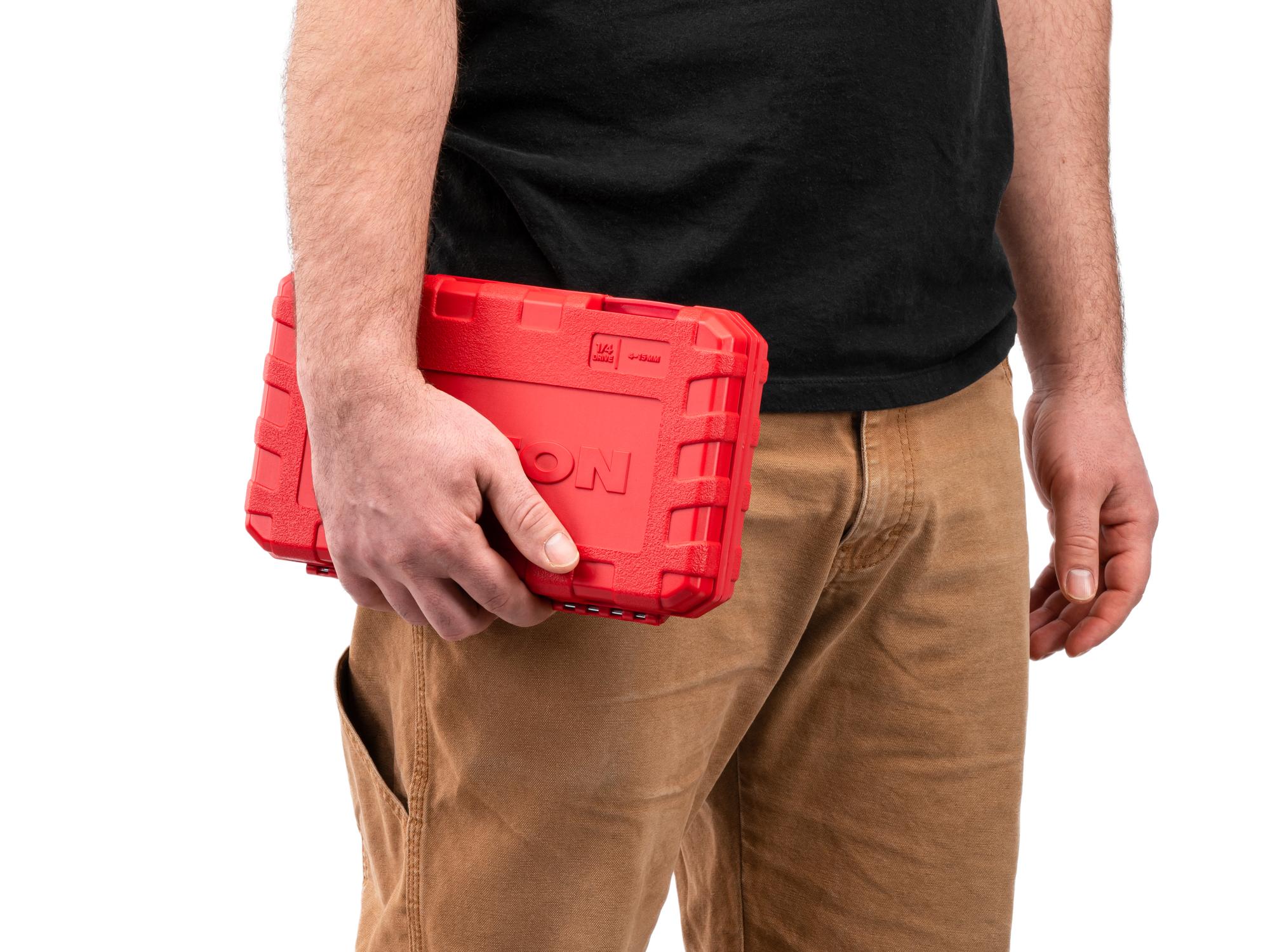 Person holding Tekton case hand drive 6-point socket set. Item #SKT05202