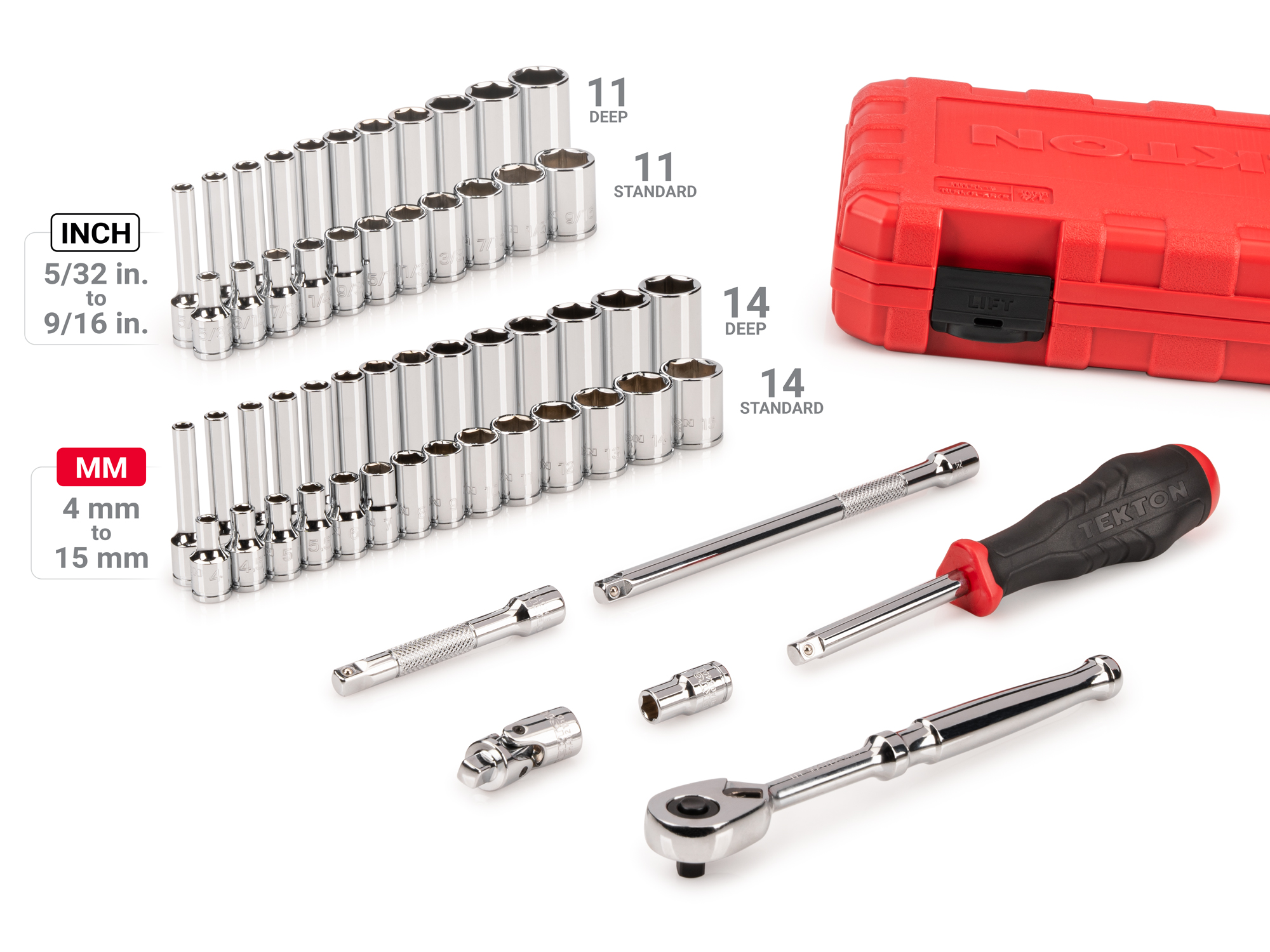 Includes: 5/32-9/16 inch (SAE), 4-14 mm (Metric) 6-point standard and deep sockets, ratchet, extensions, magnetic hex bit holder, u-joint, spinner handle, and case. No skipped sizes. SKT05303.