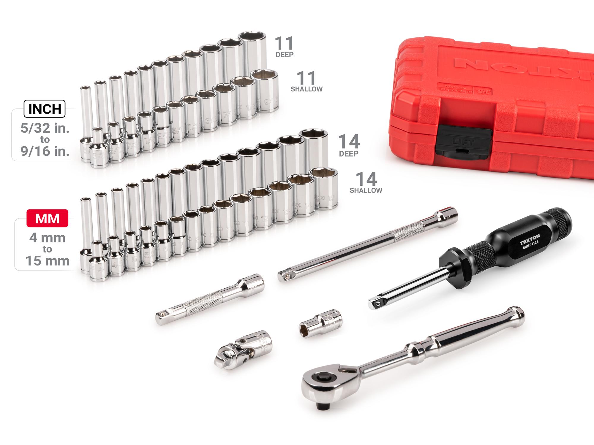 Laid out contents of Tekton case hand drive 6-point socket set. Item #SKT05303