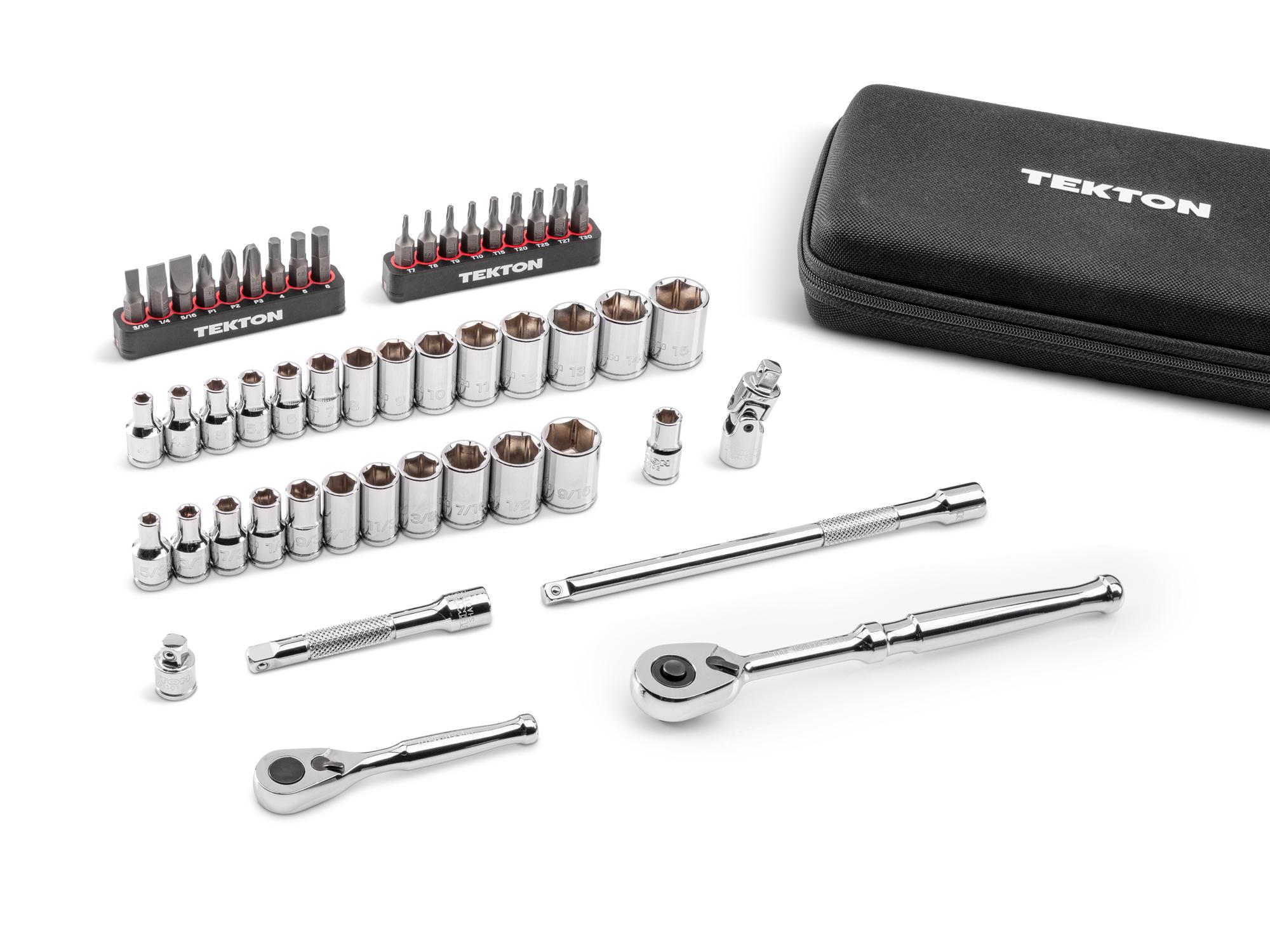 Laid out contents of Tekton case hand drive 6-point socket set. Item #SKT07902