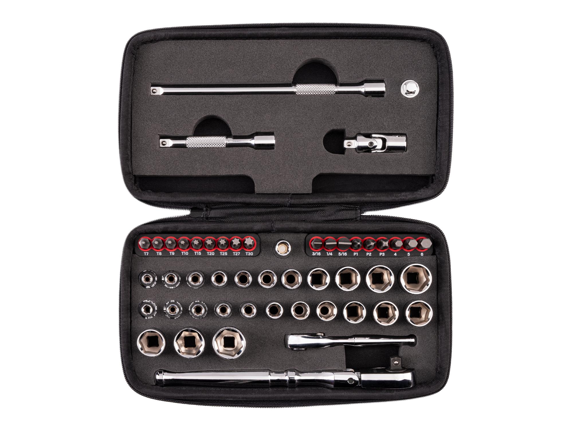 1/4 Inch Drive 6-Point Small Engine Shallow Socket, Bit, and Flex Head Quick-Release Ratchet Set with Case (50-Piece)