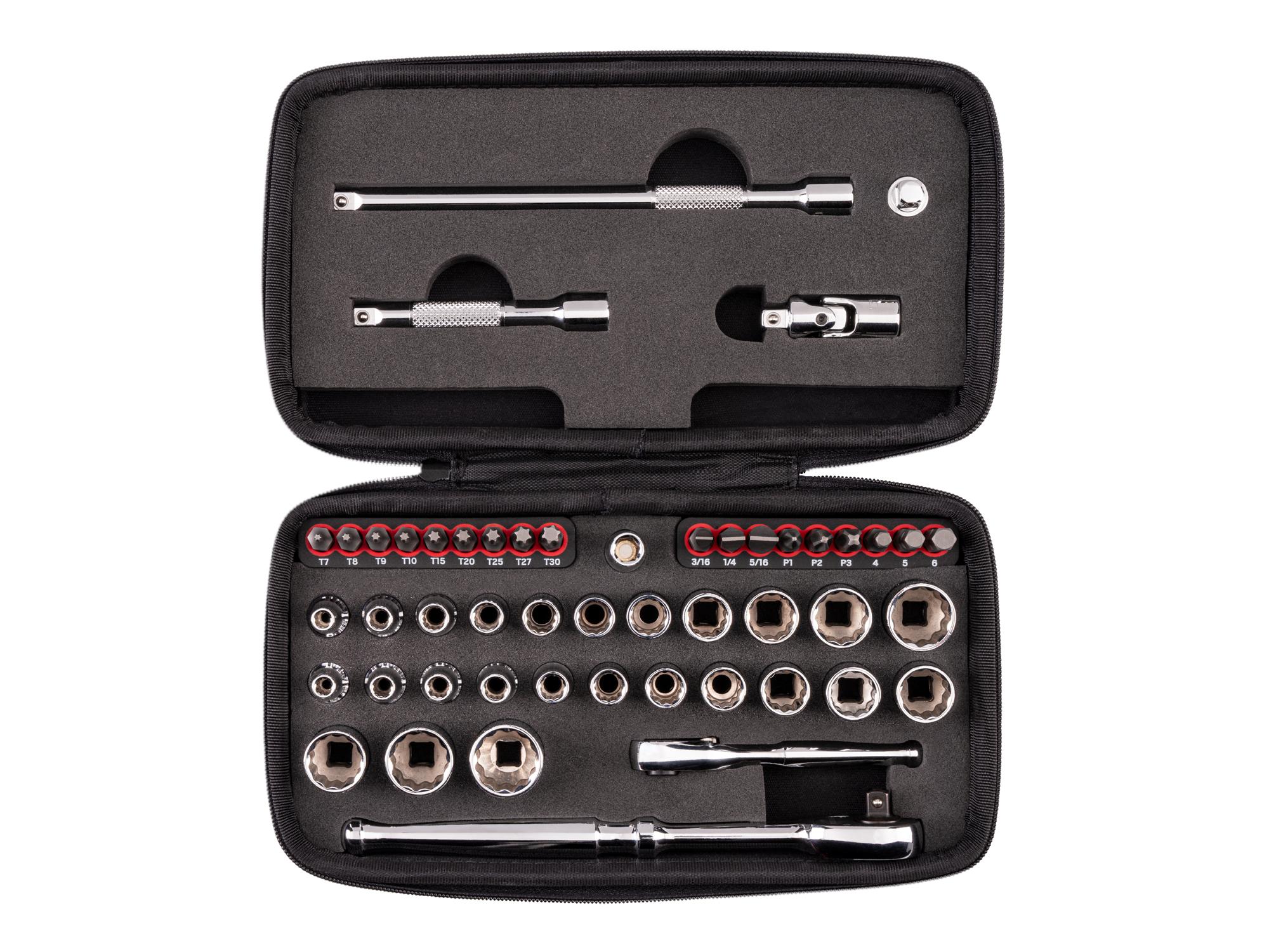 1/4 Inch Drive 12-Point Small Engine Shallow Socket, Bit, and Quick Release Ratchet Set with Case (50-Piece)
