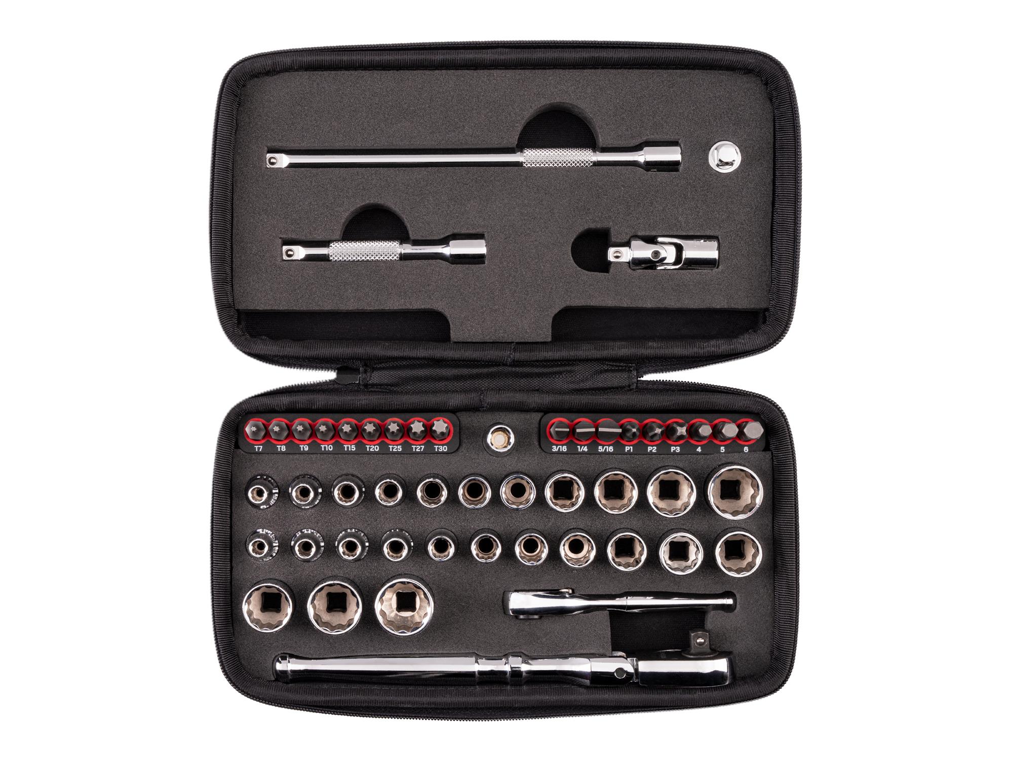 1/4 Inch Drive 12-Point Small Engine Shallow Socket, Bit and Flex Head Quick-Release Ratchet Set with Case (50-Piece)