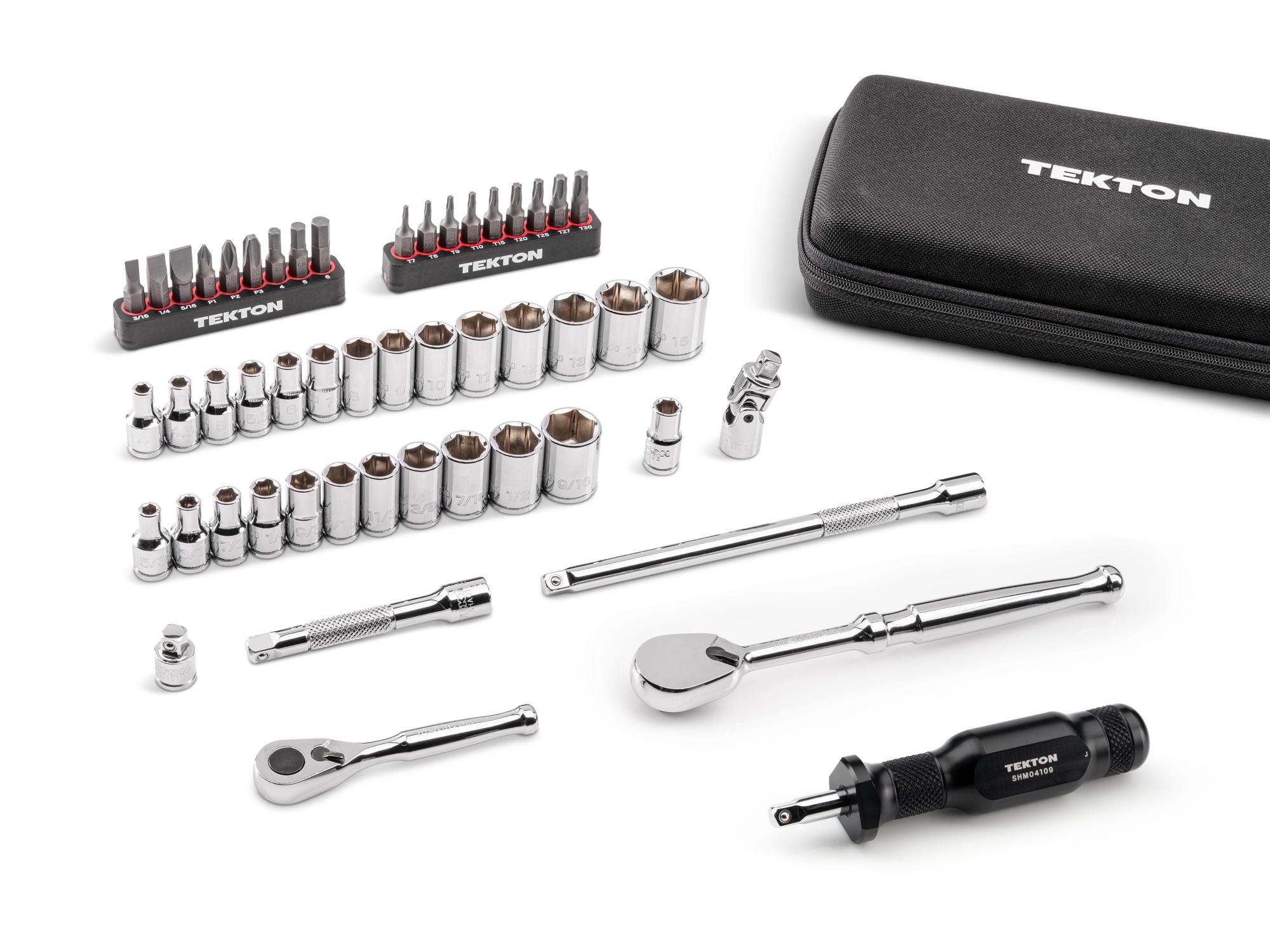 Laid out contents of Tekton case hand drive 6-point socket set. Item #SKT07909