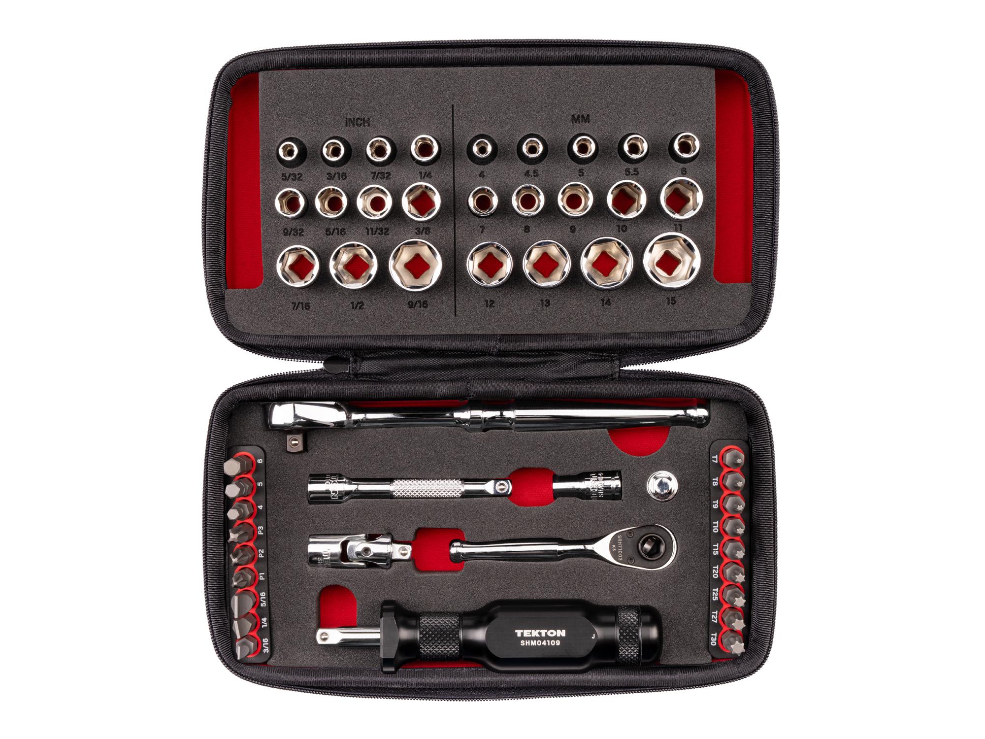 TEKTON 1/4 Inch Drive 6-Point Small Engine Shallow Socket, Bit, Non-Quick-Release Ratchet, and Spinner Handle Set with Case (50-Piece)