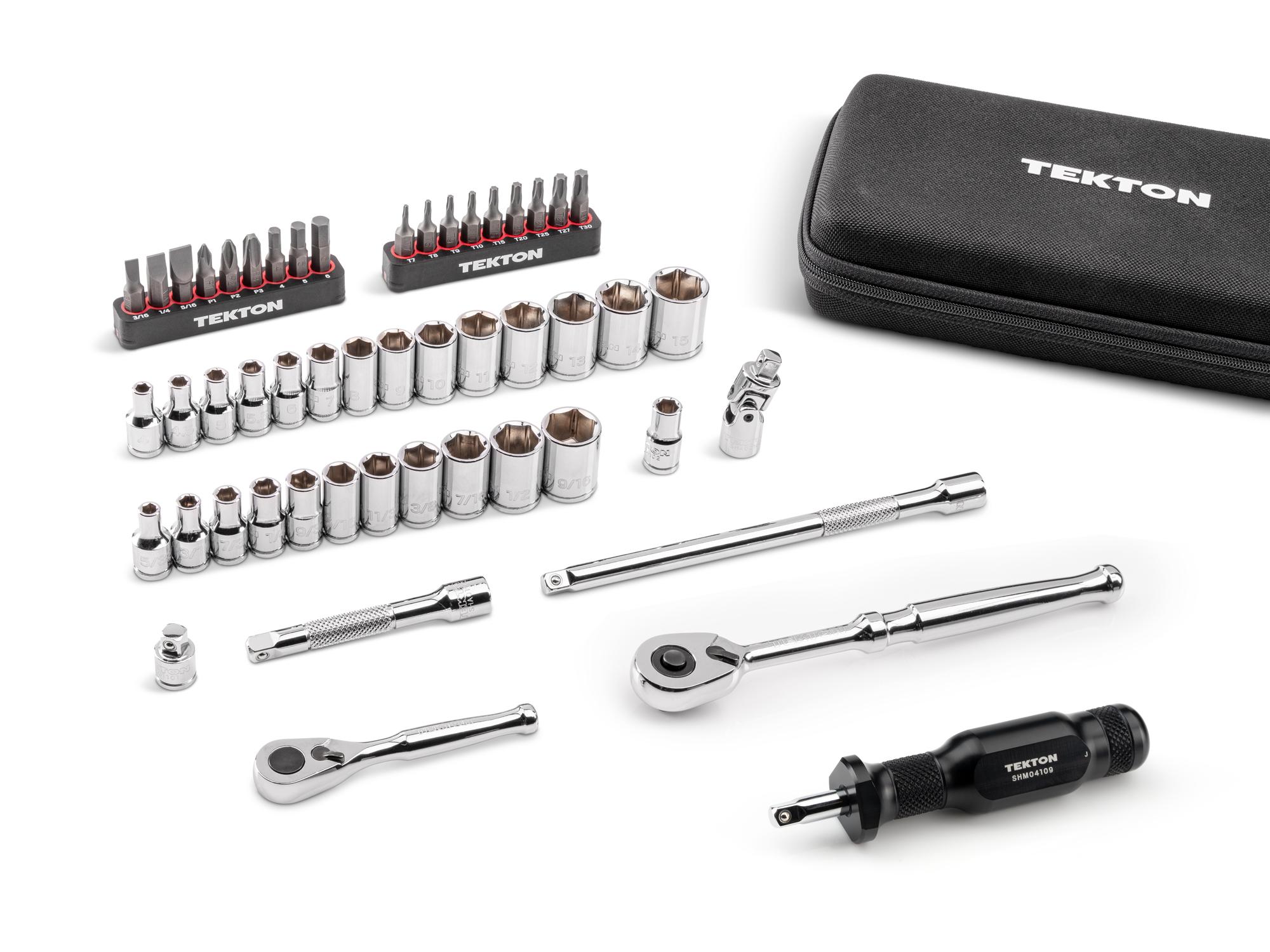 Laid out contents of Tekton case hand drive 6-point socket set. Item #SKT07910