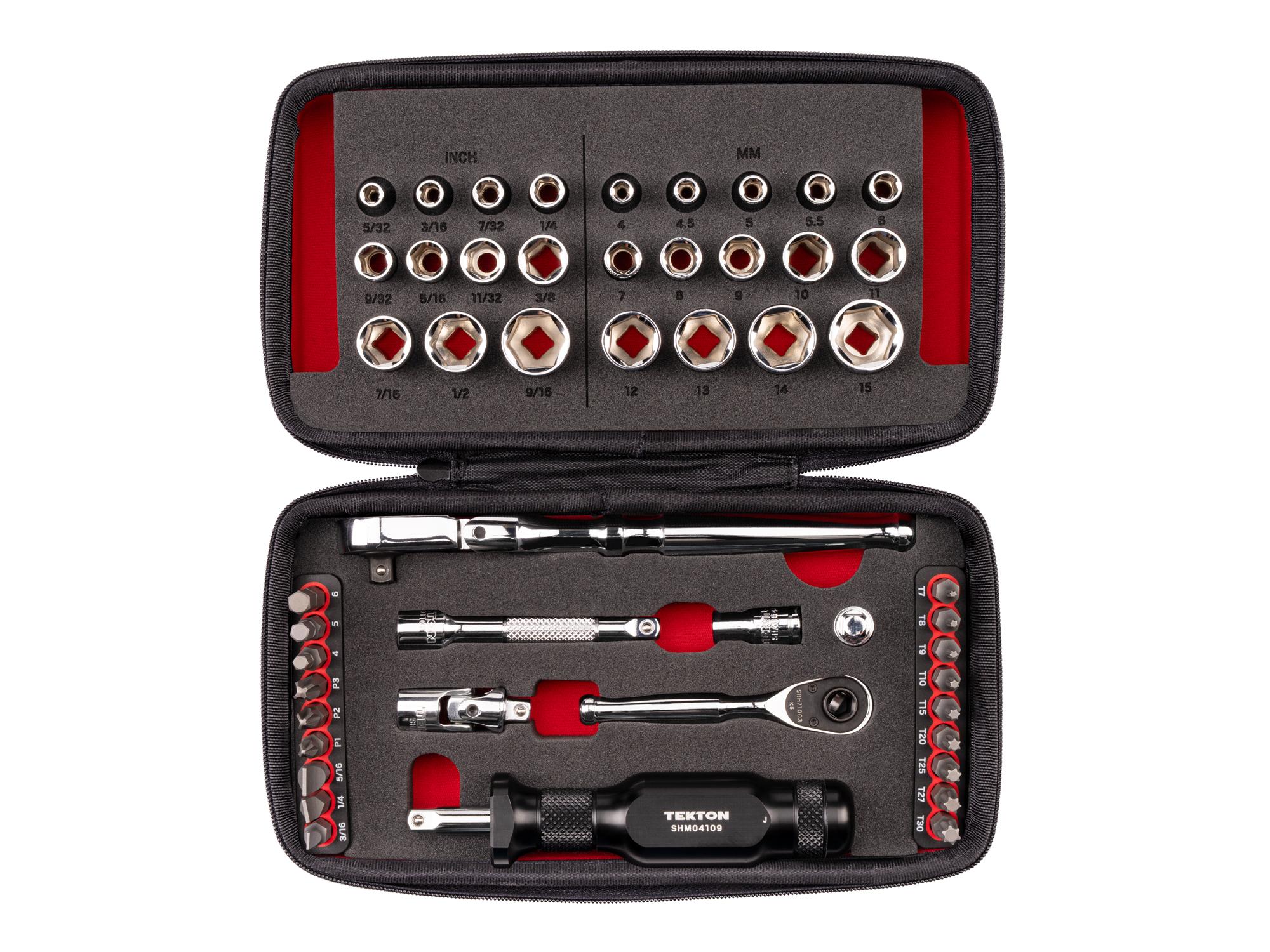 TEKTON 1/4 Inch Drive 6-Point Small Engine Shallow Socket, Bit, Flex Head Non-Quick-Release Ratchet, and Spinner Handle Set with Case (50-Piece)