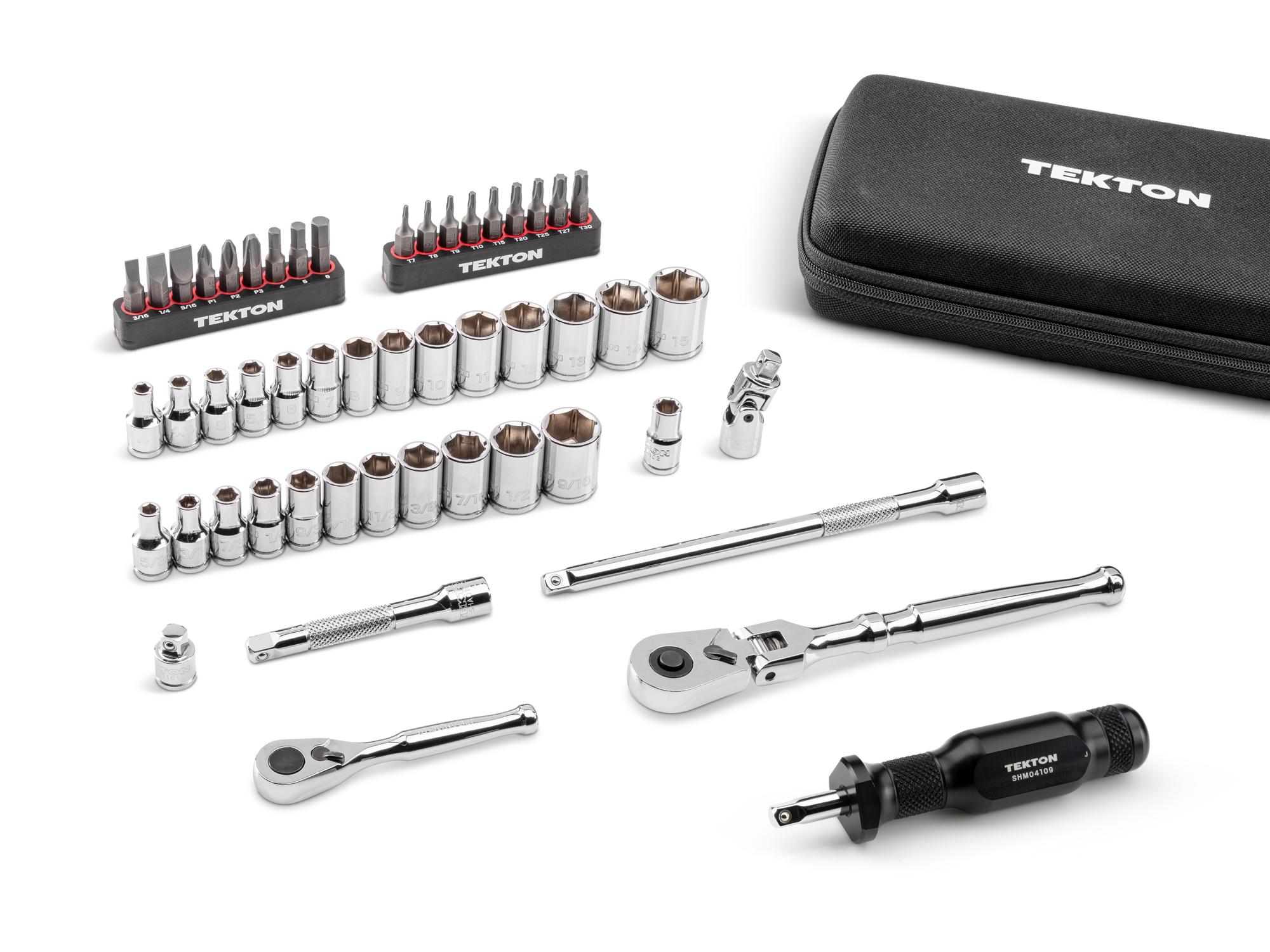 Laid out contents of Tekton case hand drive 6-point socket set. Item #SKT07912