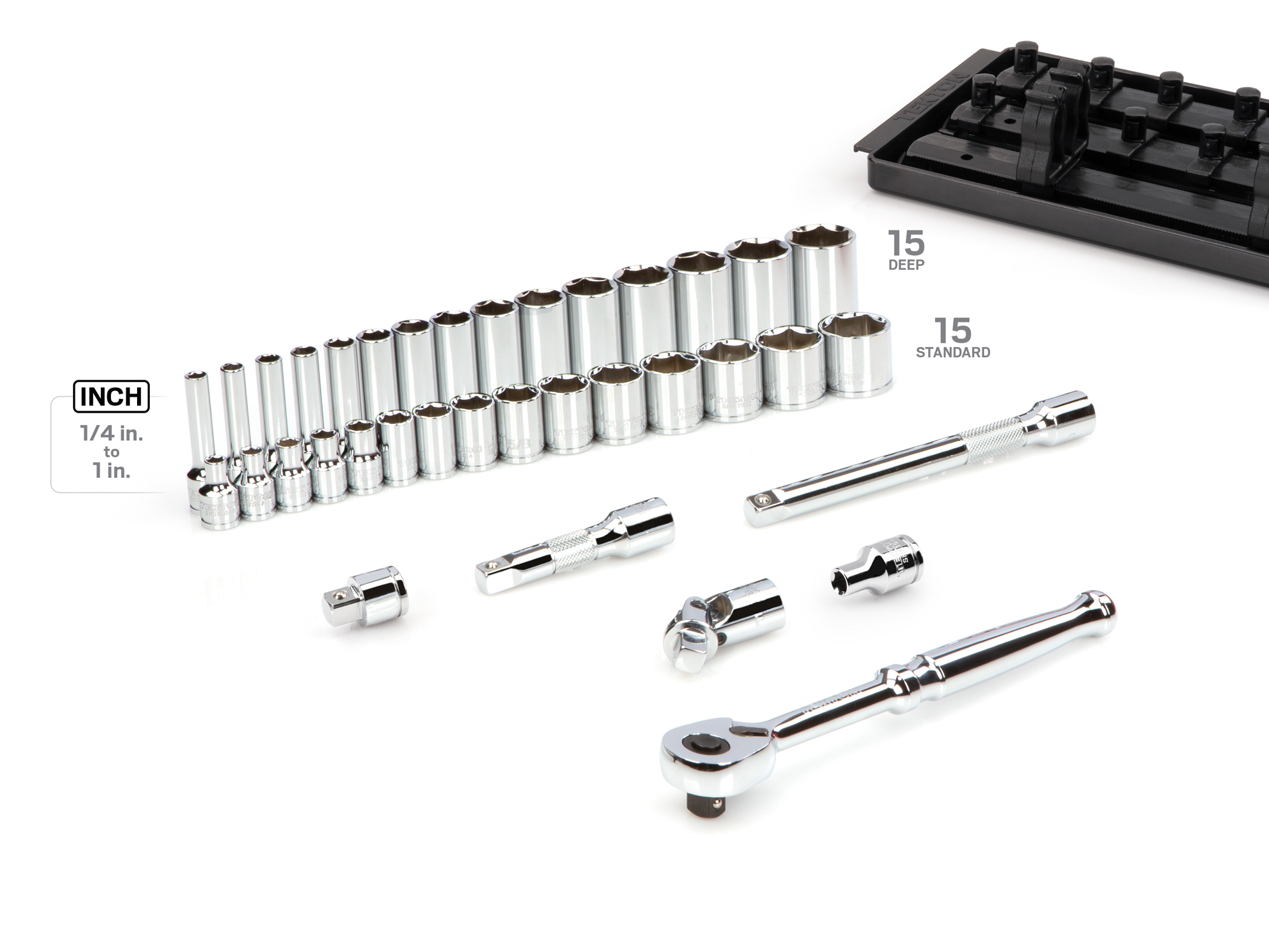 Includes 3/8 inch drive 6pt. sockets: 1/4-1 in. (SAE) in standard- and deep-length, plus a 90-tooth ratchet, universal joint, magnetic hex bit holder, extensions, and storage rails. No skipped sizes. SKT13101.