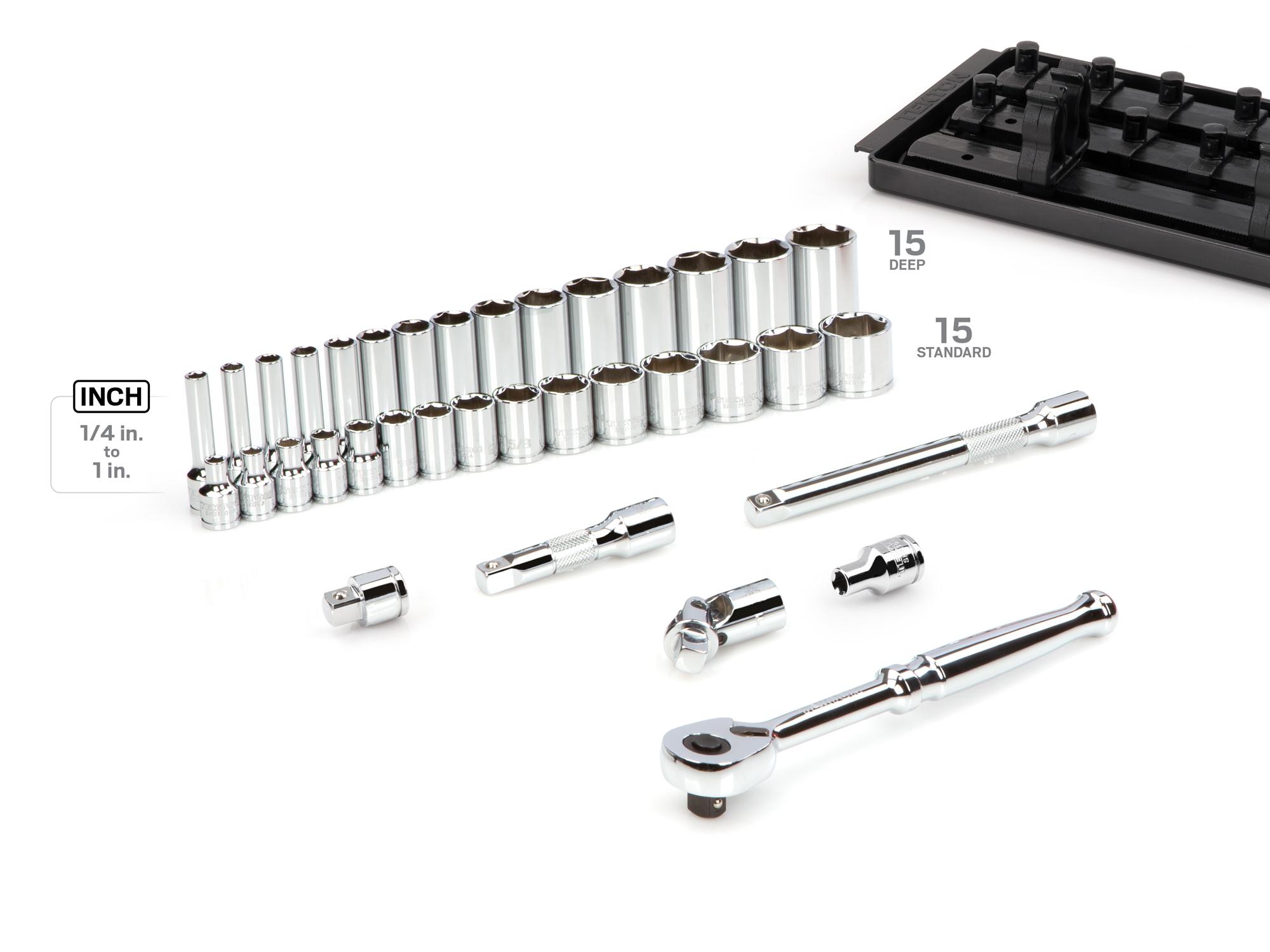 Laid out contents of Tekton rail hand drive 6-point socket set. Item #SKT13101
