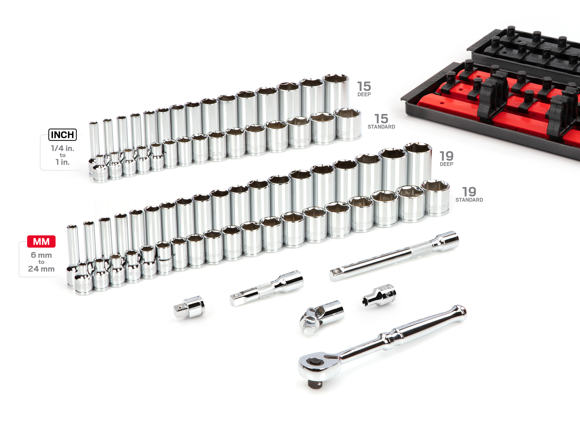 Includes 3/8 inch drive 6pt. sockets: 1/4-1 in. (SAE), 6-24 mm (Metric) in standard- and deep-length, plus a 90-tooth ratchet, universal joint, magnetic hex bit holder, extensions, and storage rails. No skipped sizes. SKT13301.